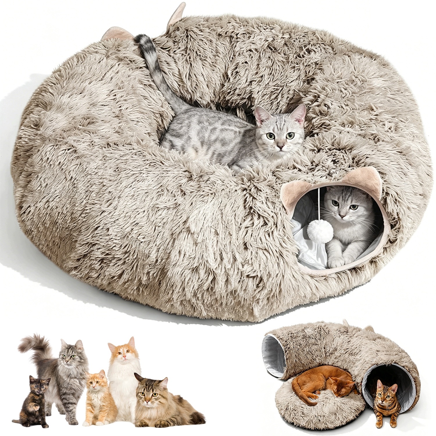 Pelíšek Tunel pro kočky – Donut Polštář Šedá budka 91.5 cm x 29.5 cm x 29.5 cm