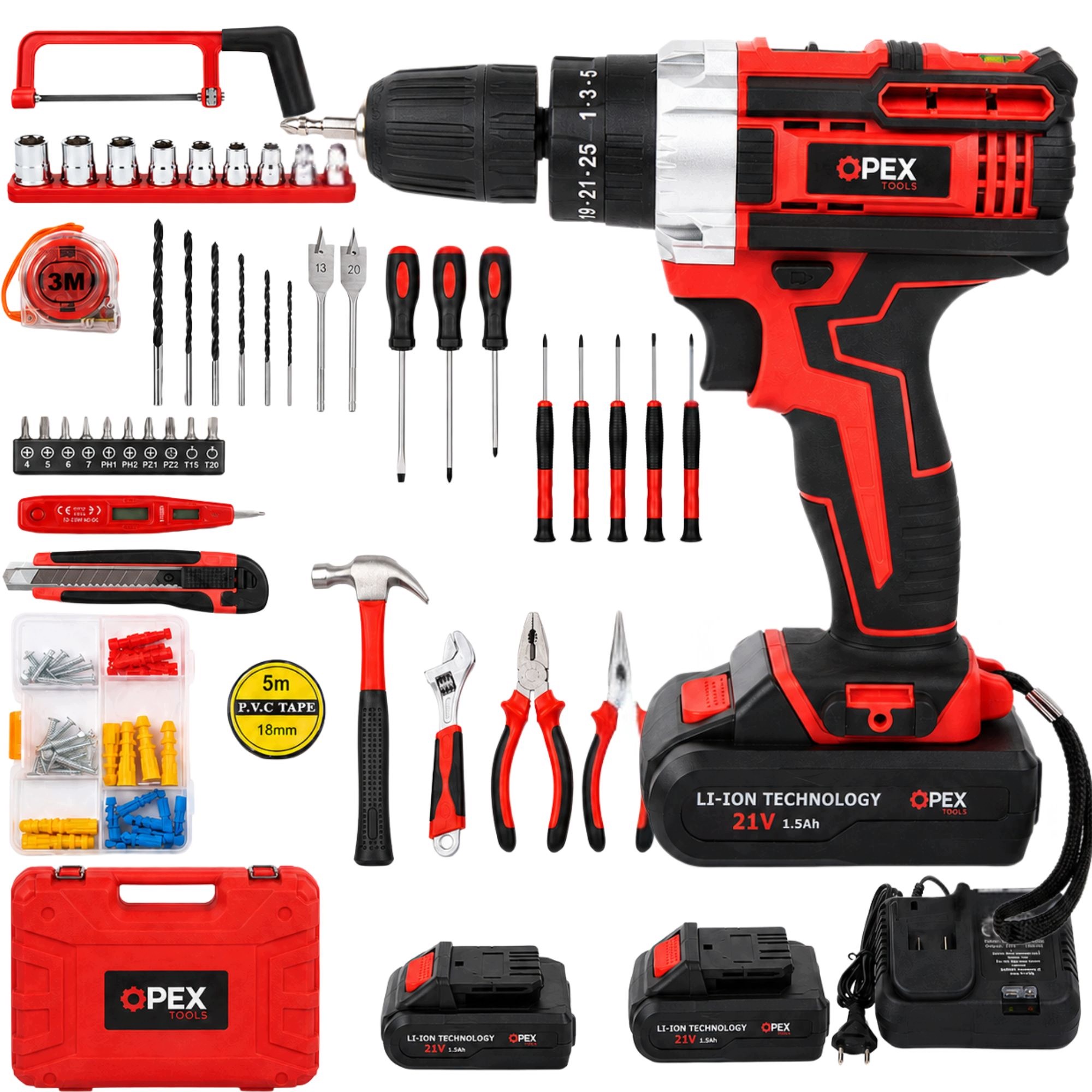 Opex Tools 28034 Aku příklepová vrtačka-šroubovák 21 V, 2x baterie, kufřík