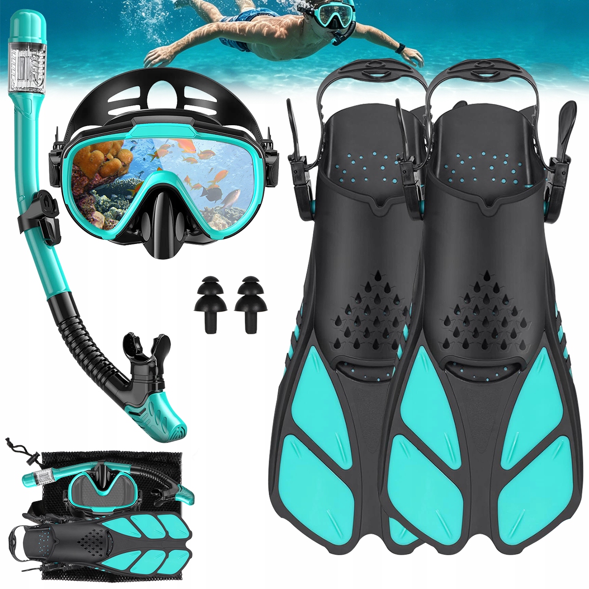 Zestaw do pływania i nurkowania płetwy regulowane maska antyparowa