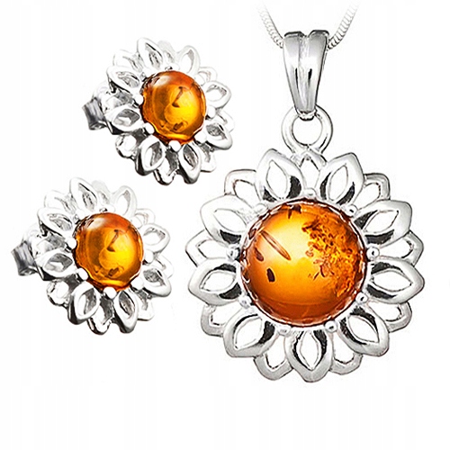 Stříbrný Komplet květin s originálním přírodním baltský jantar ze Stříbra