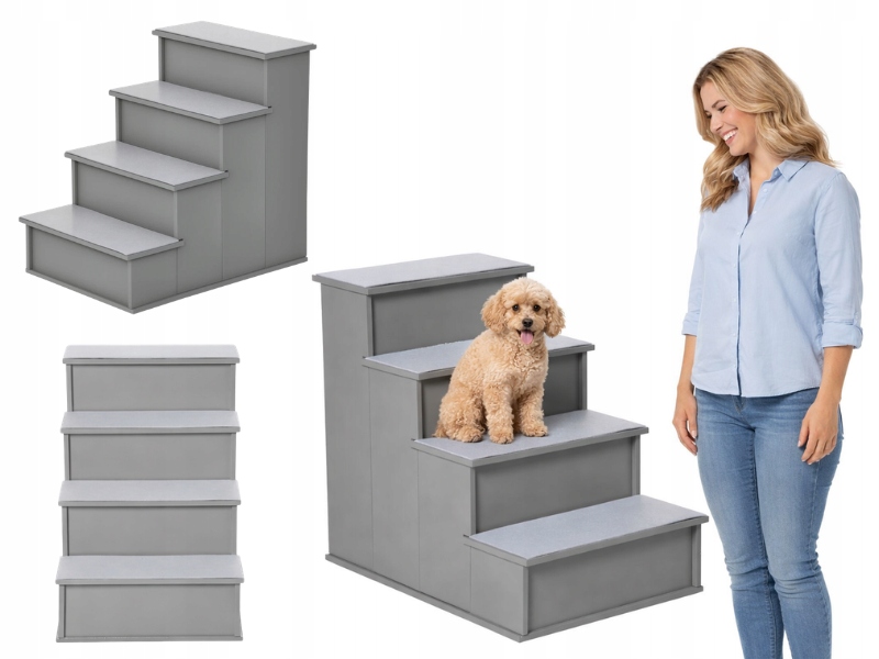 Dřevěné Schody Pro Psa 4 Stupně Protiskluzové, Šedé, Široká Plošina