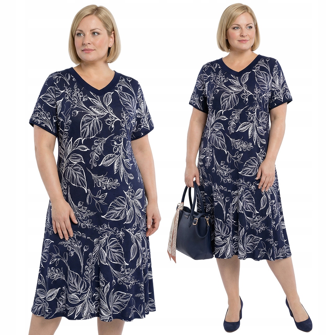 Tmavě modrá šaty s bílými listy plus size velikost 48/50