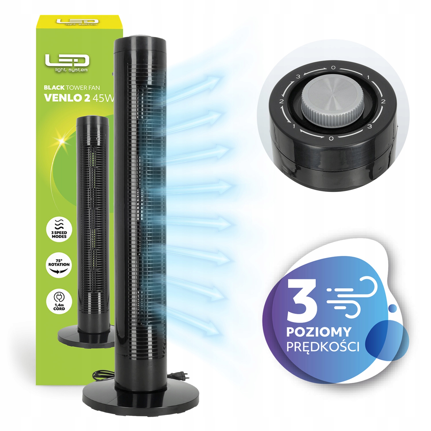 Wentylator kolumnowy Podłogowy 45W 3 Prędkości Mocny Stojący Cichy Czarny