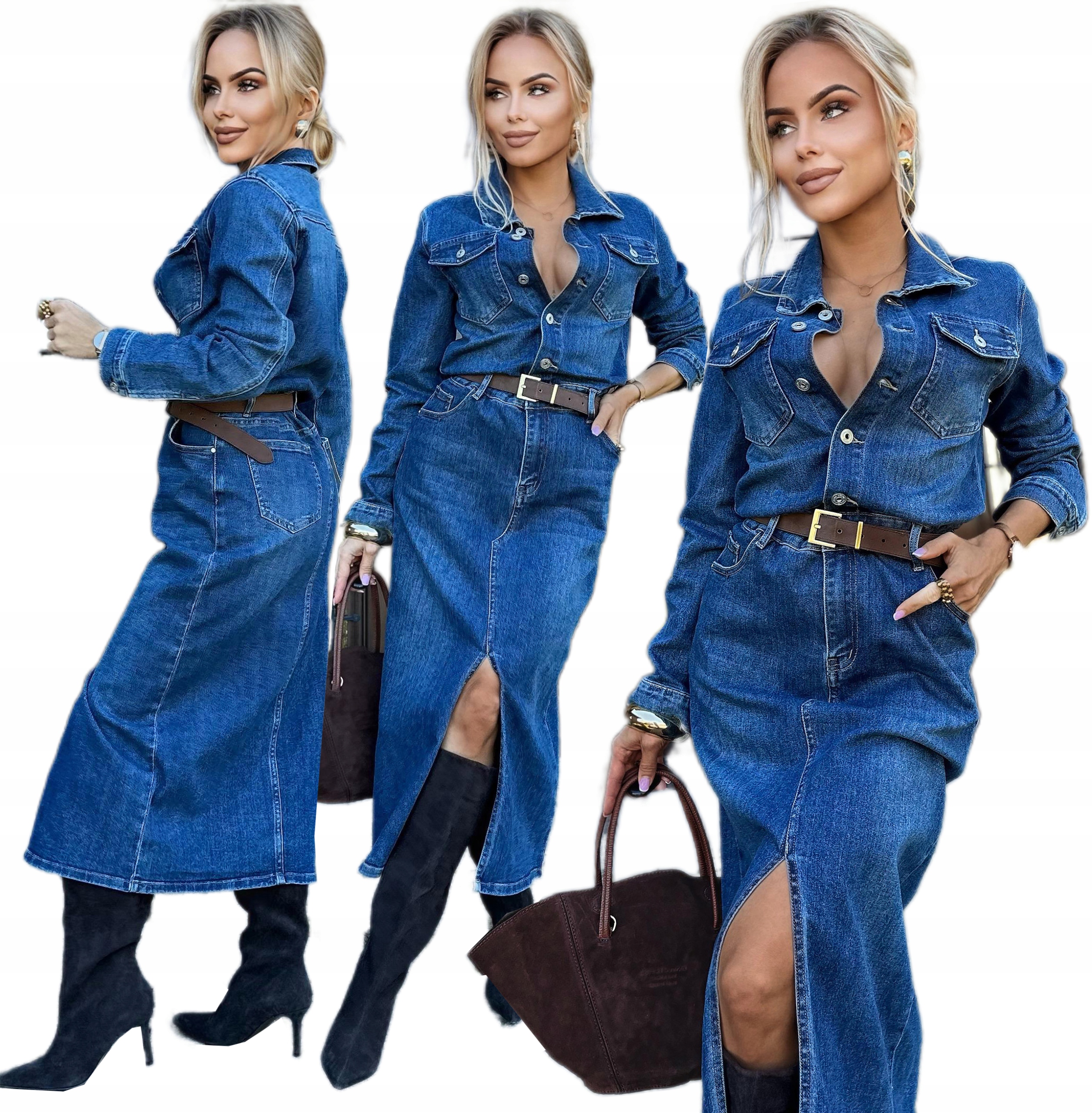 Jeansowa Sukienka Damska midi dopasowana kołnierzyk guziki kieszenie M Arya