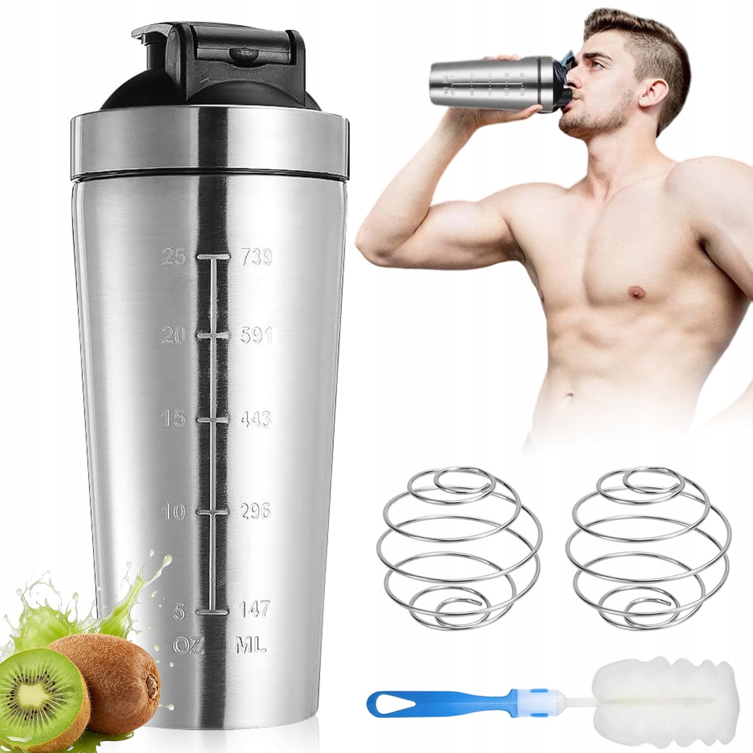 Shaker Sportowy 750ML Termiczny Ze Stali Z Dwiema Kulkami I Szczotką