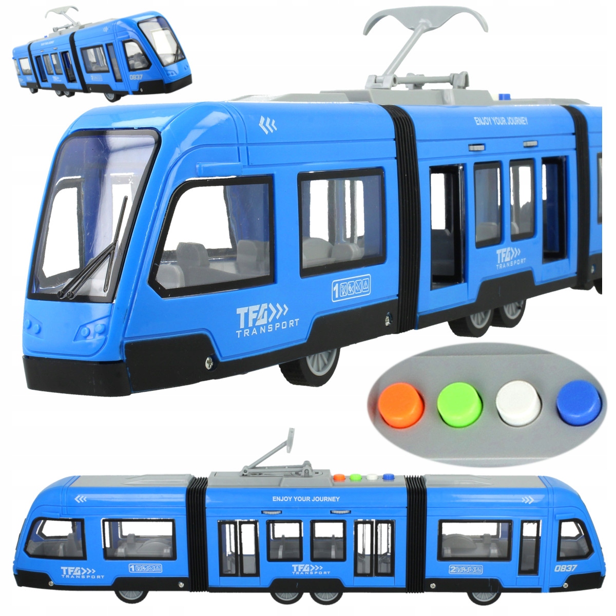 TRAMWAJ PRZEGUBOWY Z NAPĘDEM OTWIERANE DRZWI DŹWIĘKI ŚWIATŁA LED Autobus