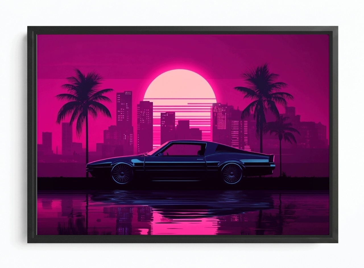 Obraz Rám American Box Grafika Synthwave Auto Slunce Miami Vice 60x40