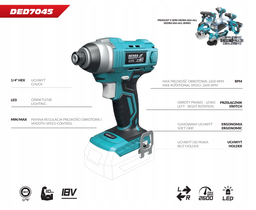 Zakrętarka Udarowa Aku DEDRA DED7045 SAS+ 18V Marka Dedra