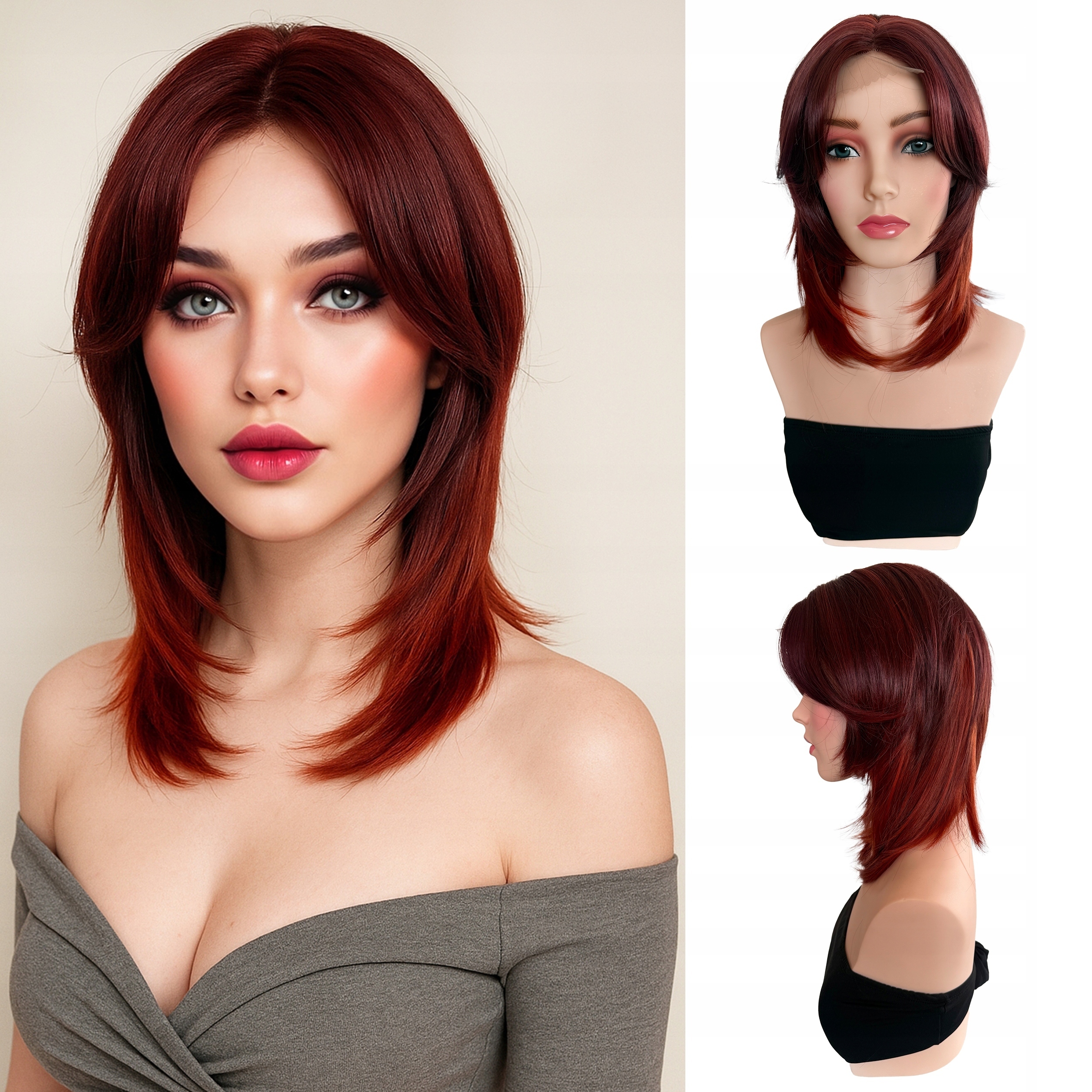 Peruka Syntetyczna Włosy Cieniowana Miedziana Ruda Jak Naturalna 40cm