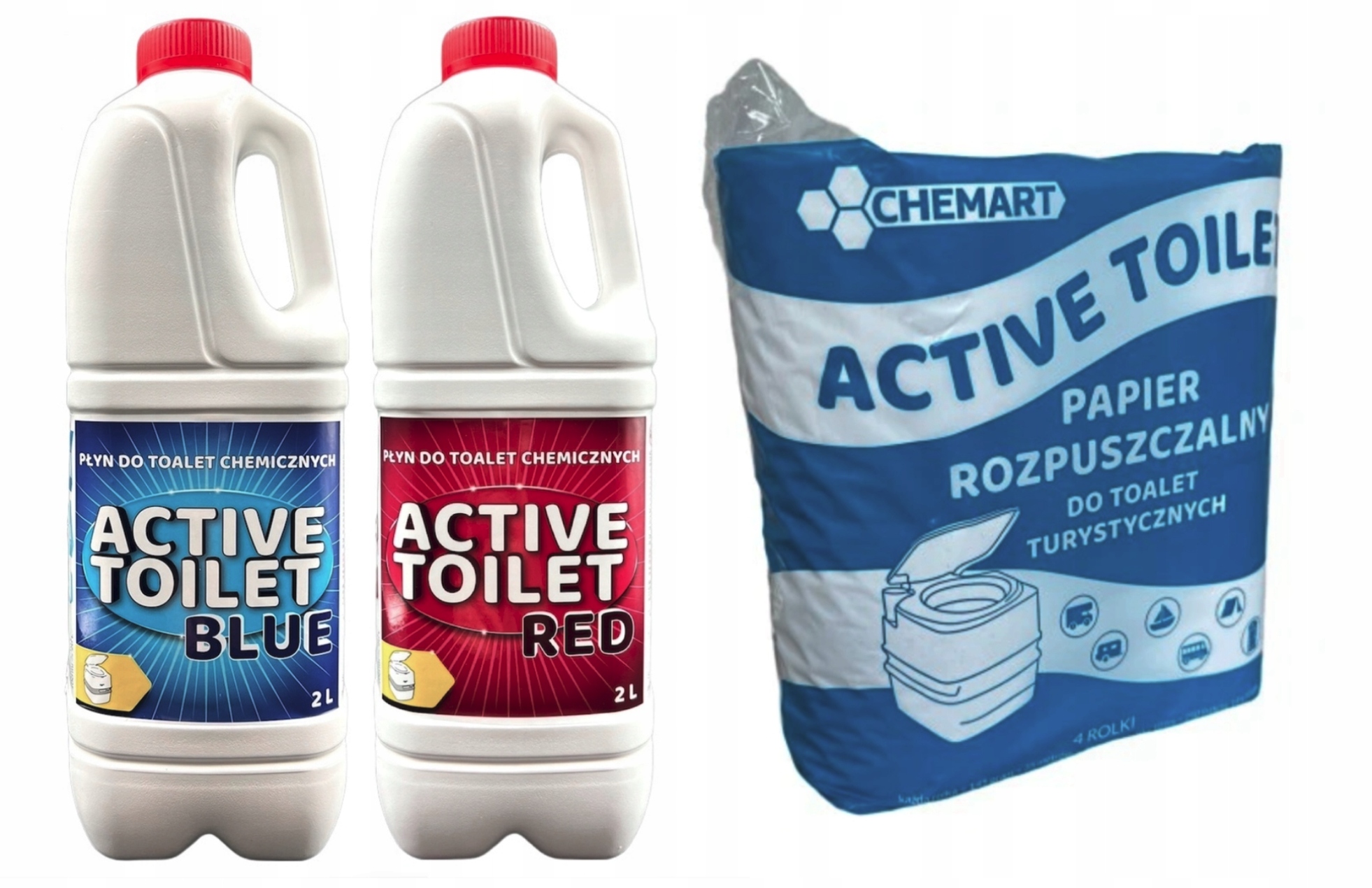 ZESTAW PŁYNÓW DO TOALET TURYSTYCZNYCH ACTIVE TOILET 2L BLUE + 2L RED+PAPIER