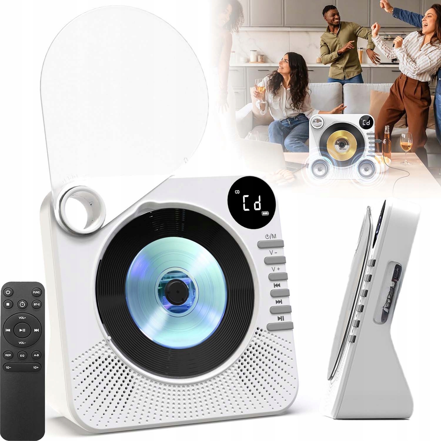 CD Přehrávač, Přenosný Reproduktor Bluetooth 5.0, Duální Hi-fi Reproduktory, Bílý