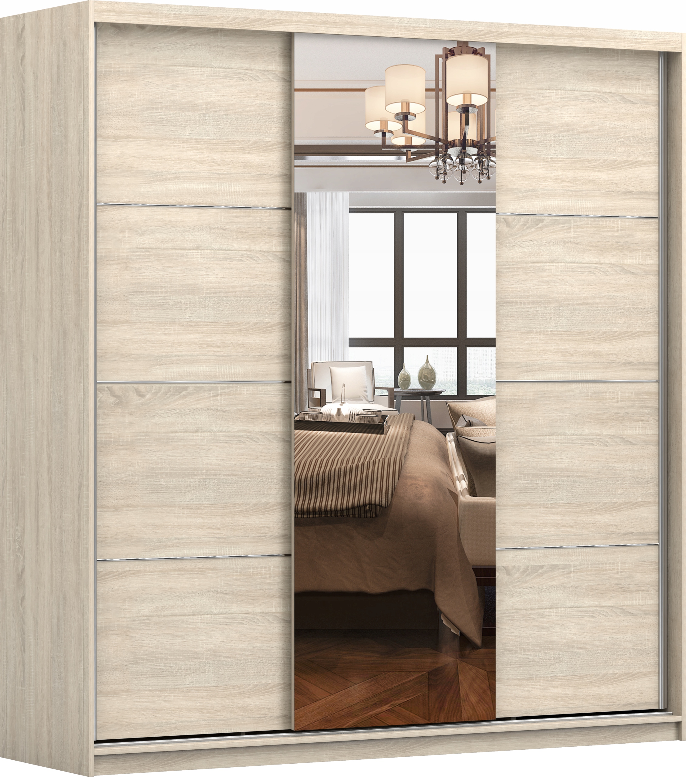 Szafa Przesuwna Trzydrzwiowa IDEA 3D 200 lustro półki szuflady wieszak Kolekcja IDEA