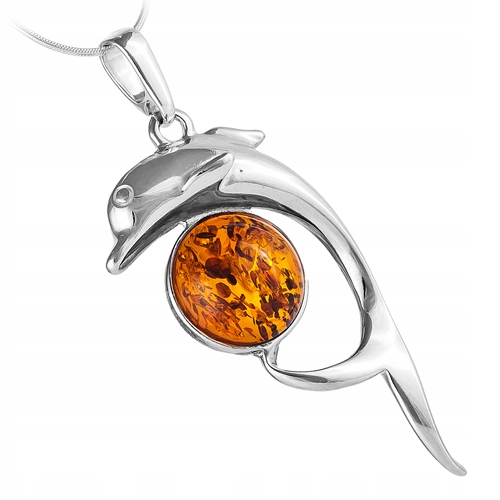 Stříbrný Delfín Přívěsek velký přívěsek s přírodním Jantarem stříbro AG925