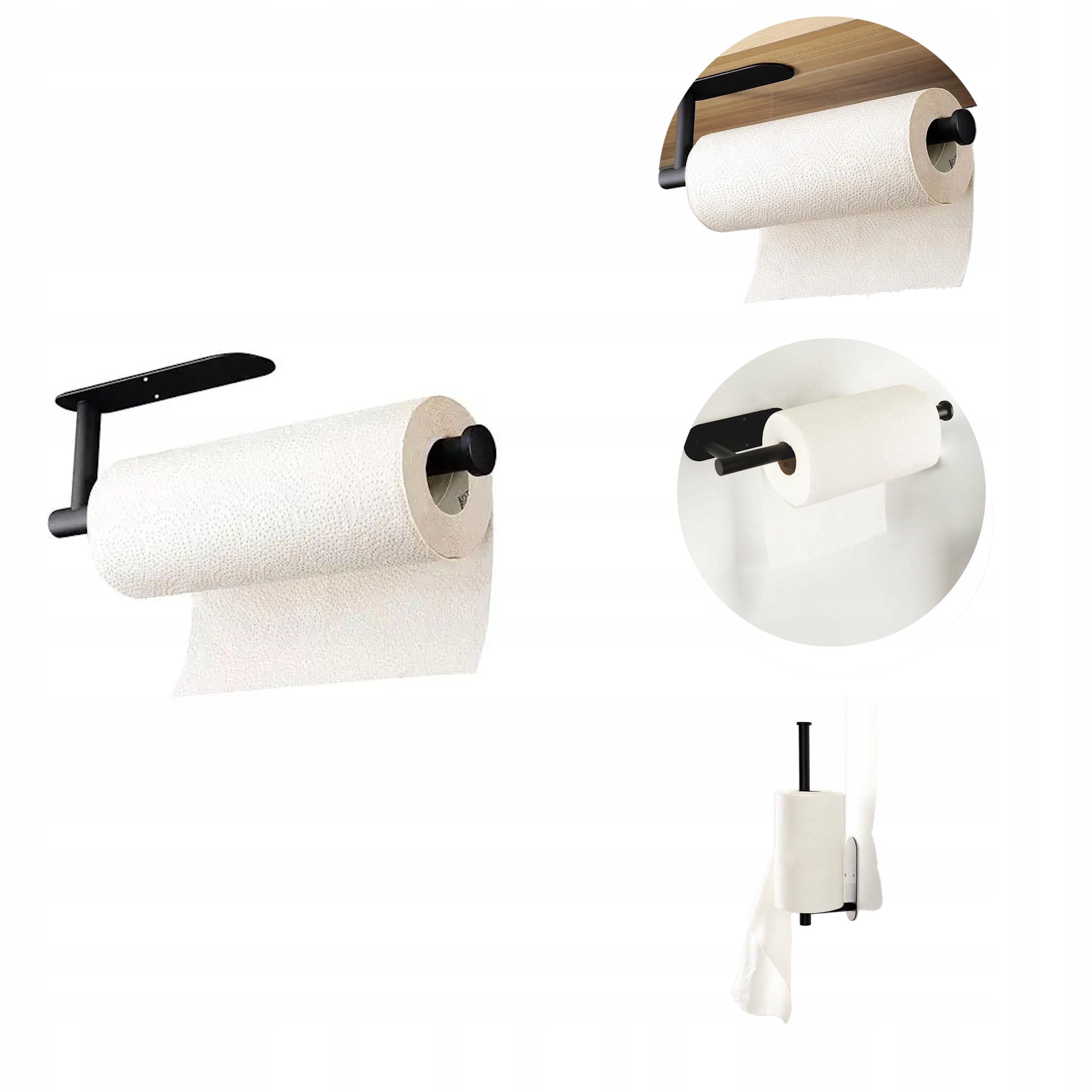 UCHWYT WIESZAK NA PAPIER RĘCZNIK PAPIEROWY CZARNY TAŚMA DWUSTRONNA WKRĘTY