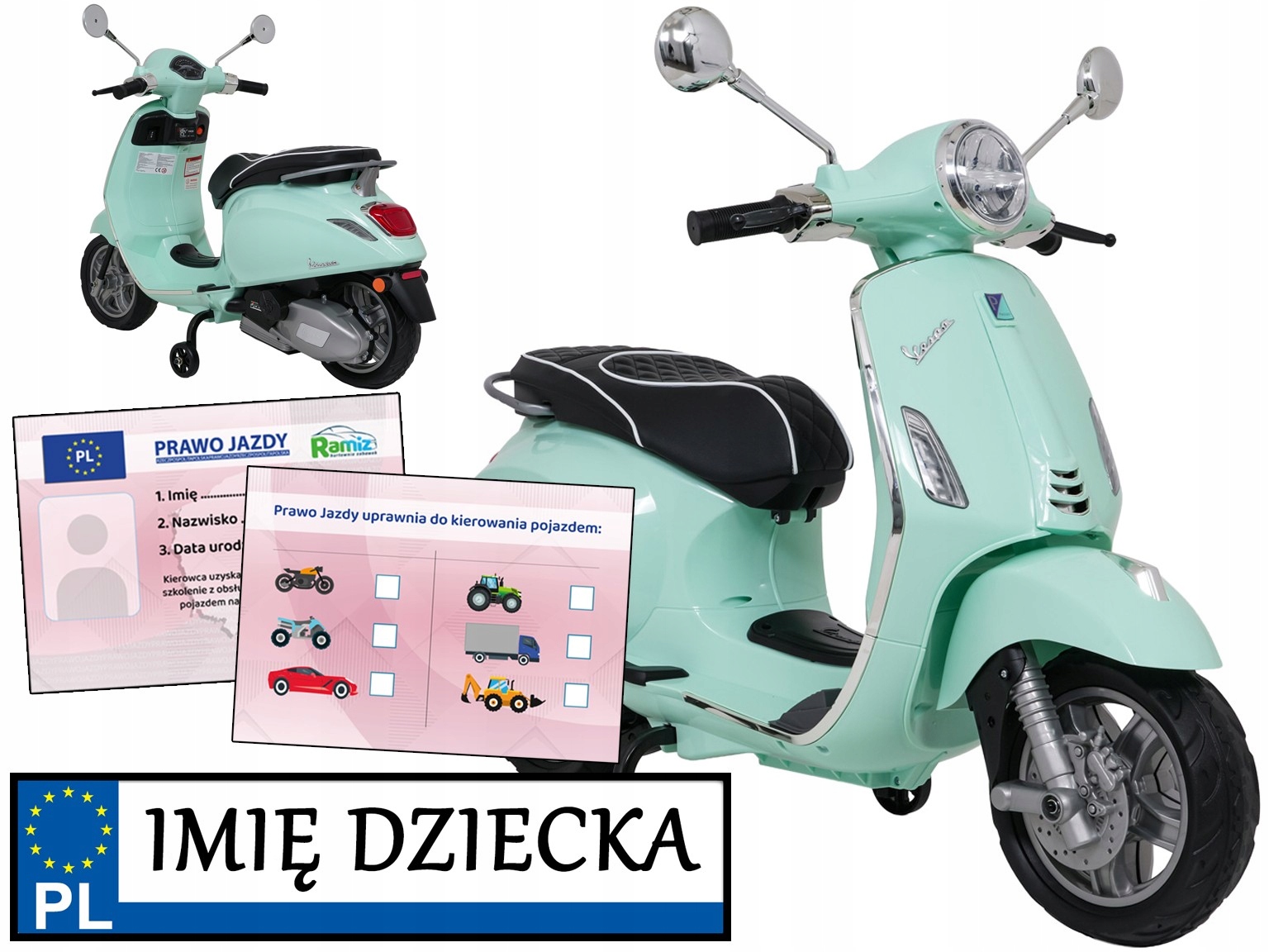 motorek Skuter Vespa Roma piankowe koła Tablica Imienna prawo jazdy dźwięki
