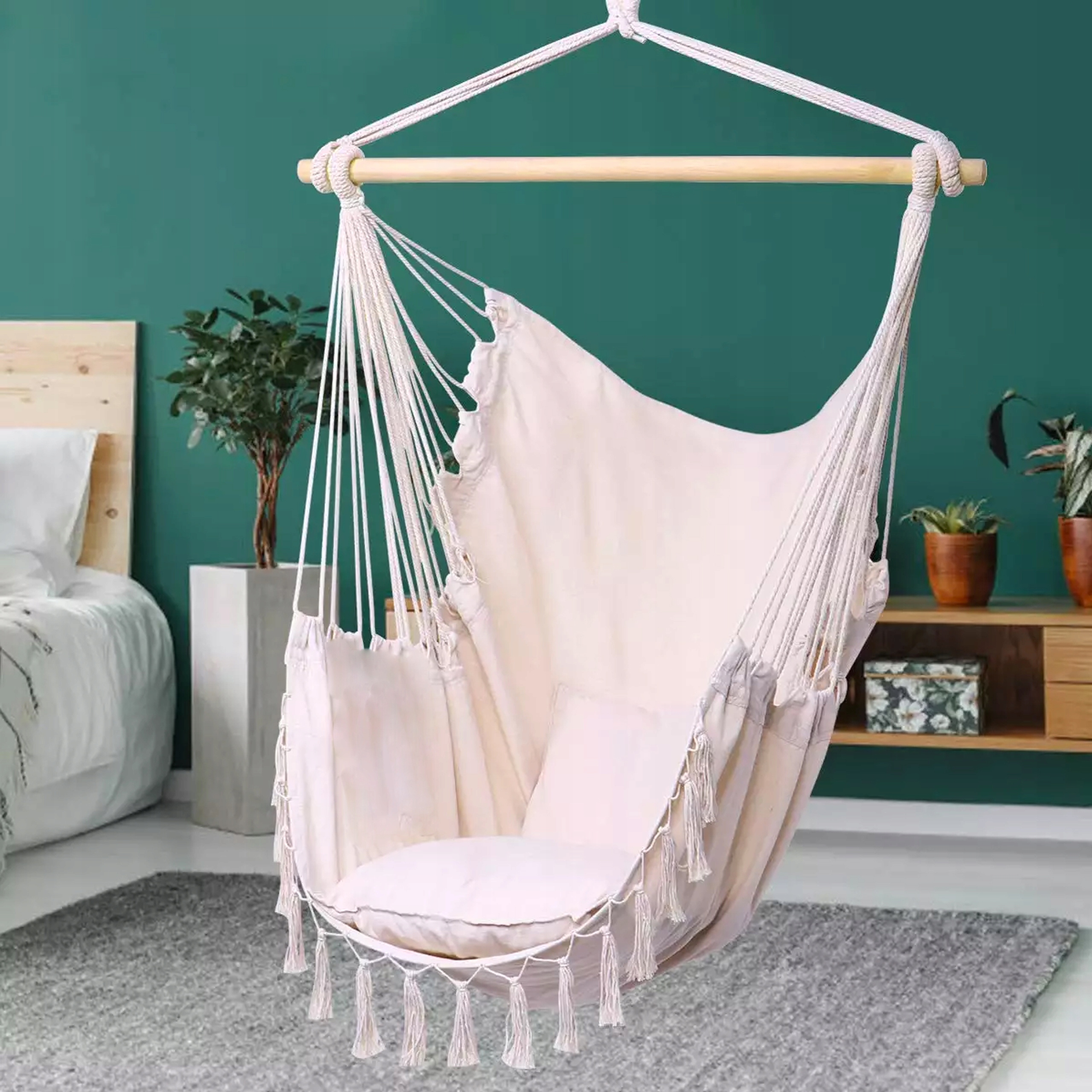 FOTEL WISZĄCY BRAZYLIJSKI HUŚTAWKA HAMAK DO POKOJU/OGRODU STYL BOHO Waga 2.2 kg