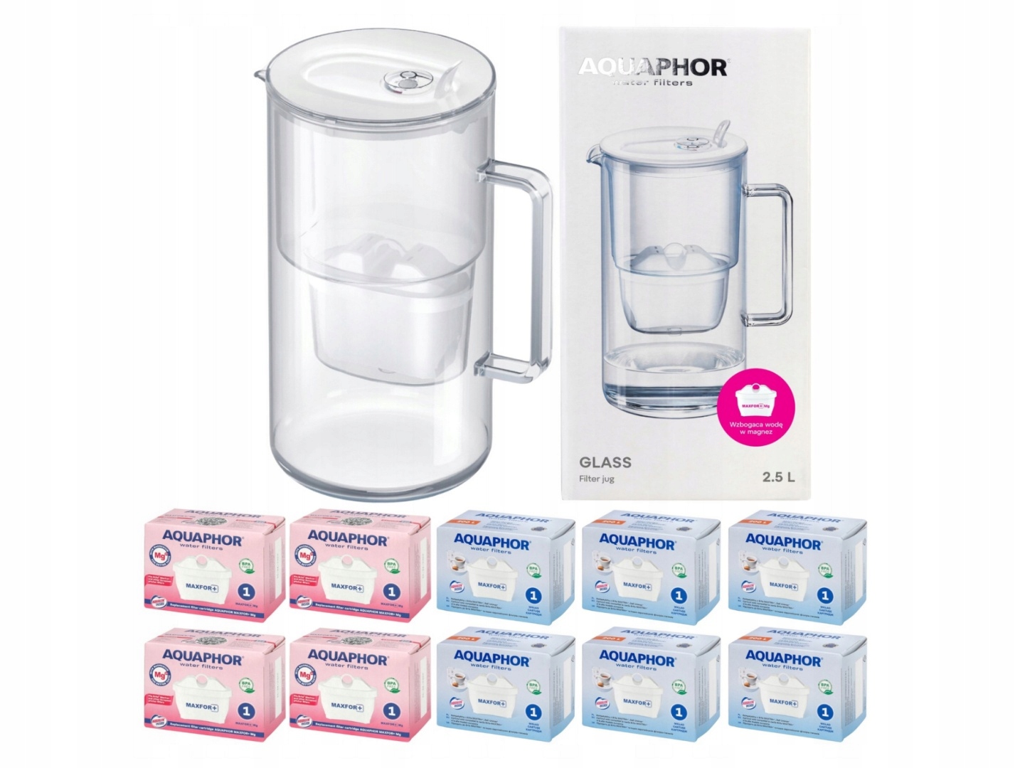 Szklany Dzbanek filtrujący wodę Aquaphor Glass Biały +10 filtrów Maxfor+ MI