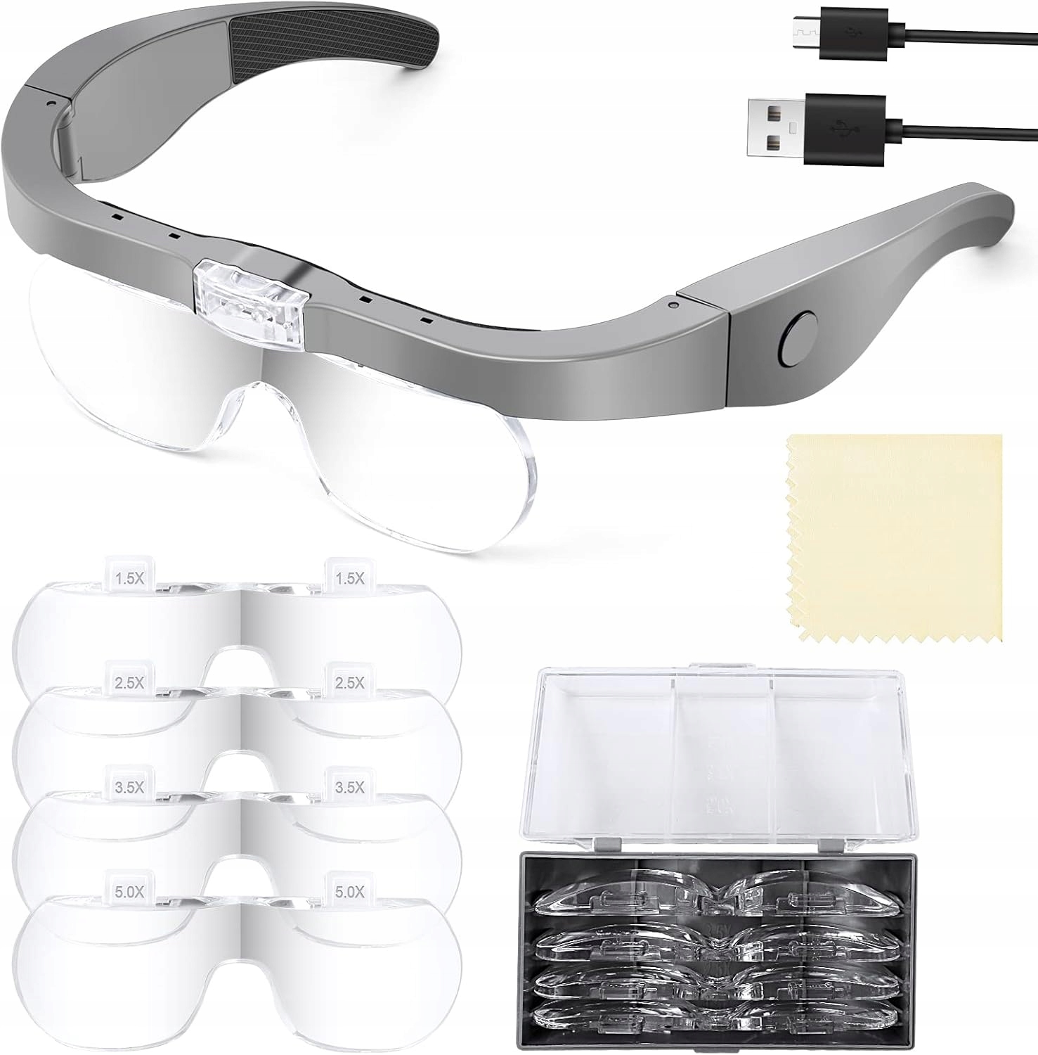 Lupa Okulary Nagłowne OBOVO LED 4 Soczewki 1.5-5X USB Jubiler Rękodzieło