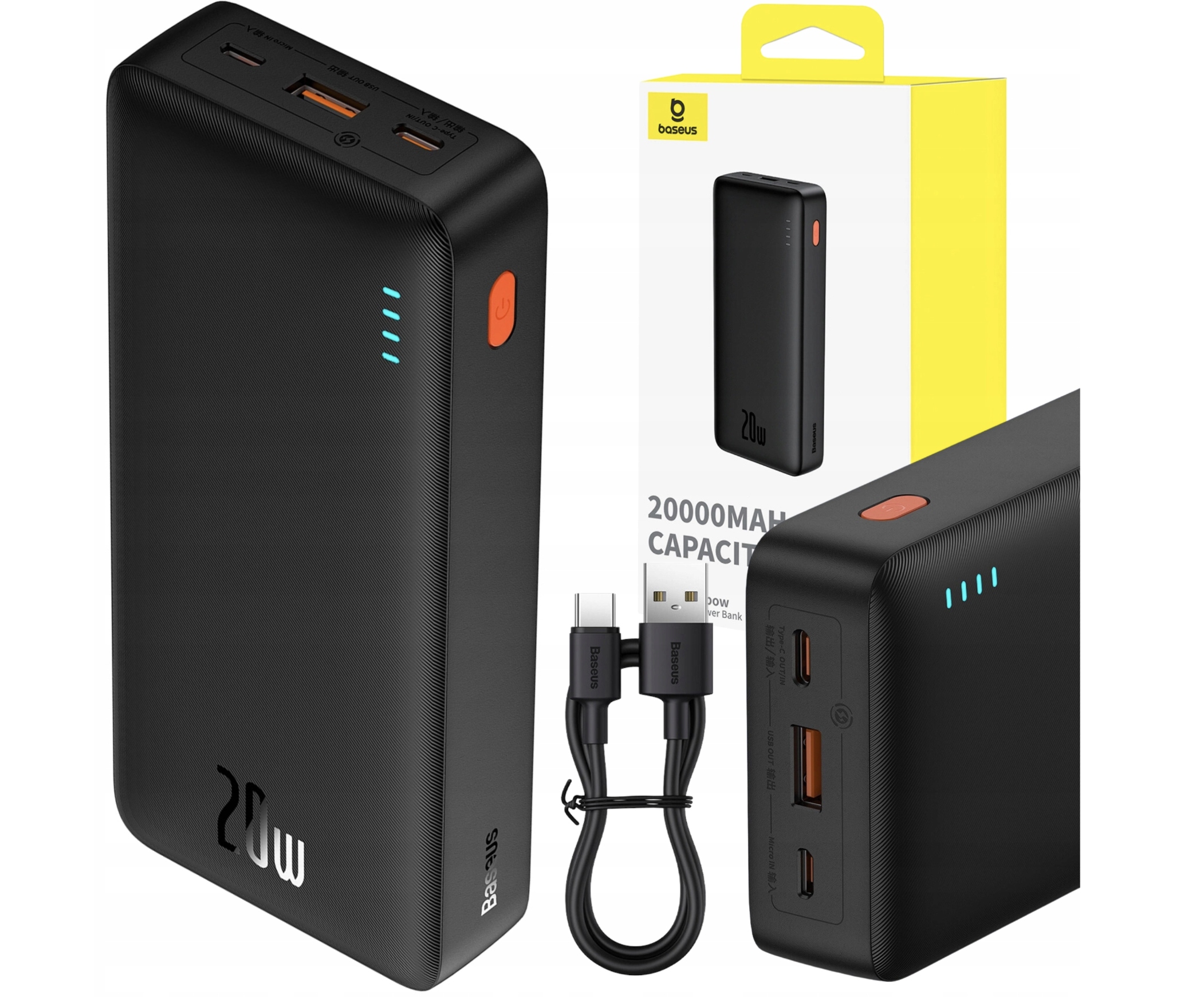 Baseus Power Bank 20000MAH 20W Z Szybkim Ładowaniem Usb-c Usb-a Z Kablem