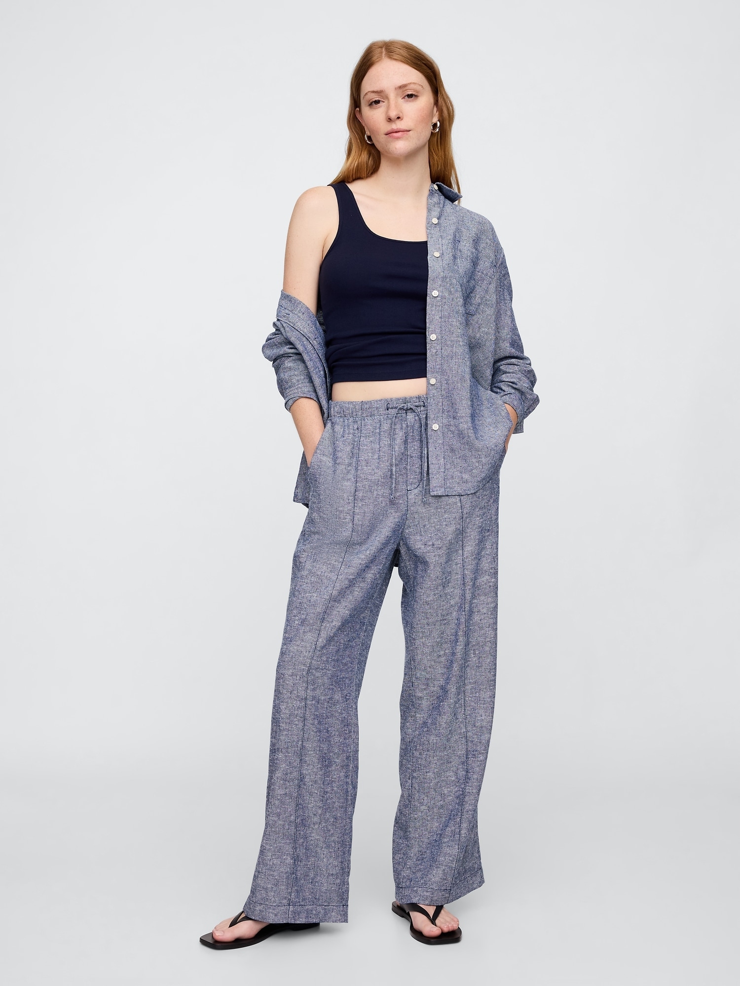 Gap Lněné kalhoty Wide-leg