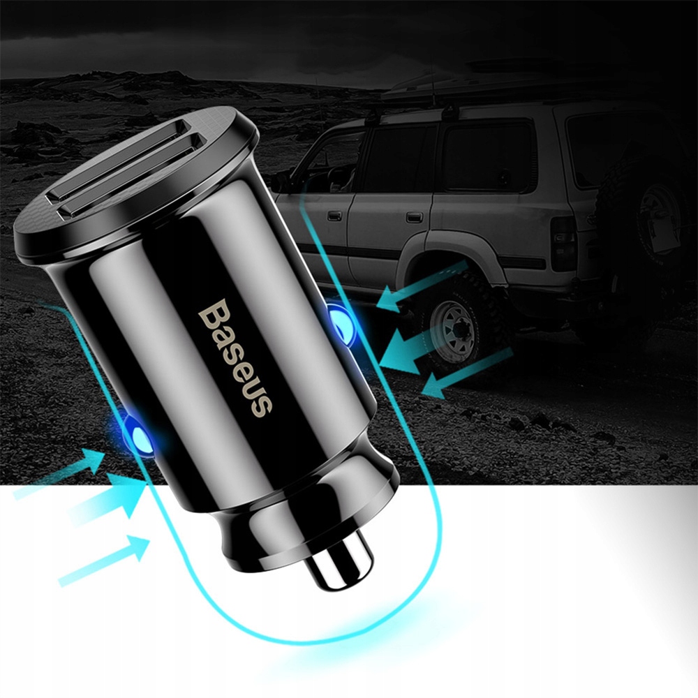 BASEUS MINI MOCNA SZYBKA ŁADOWARKA SAMOCHODOWA ZASILACZ 2x USB 3.1A LED Kolor czarny