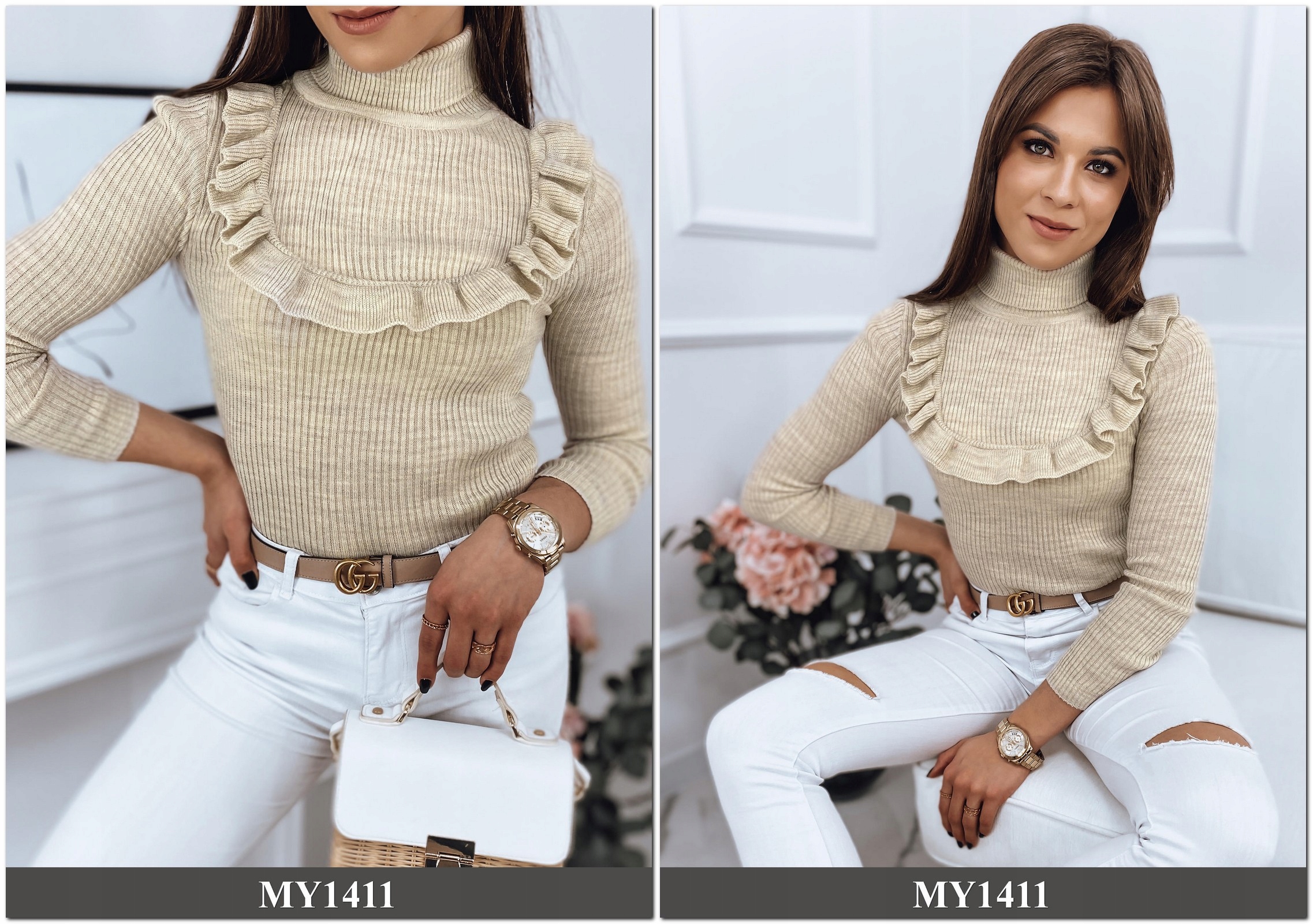 PRĄŻKOWANY SWETER DAMSKI GOLF KOLORY ox127 UNI Płeć kobieta