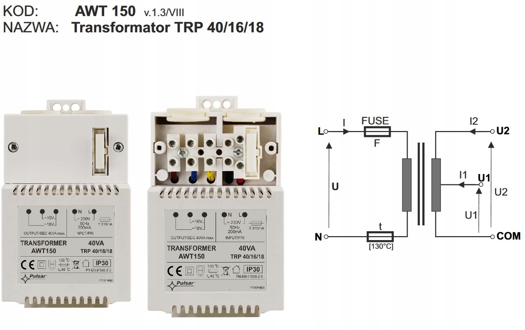 TRANSFORMATOR AWT150 TRP 40VA/16V/18V Pulsar Kod producenta AWT150