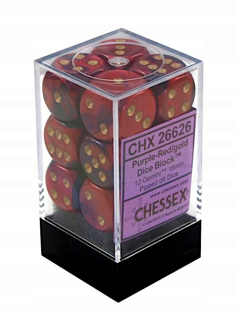 Kostki Chessex K6 16mm Gemini Purple-Red w/gold