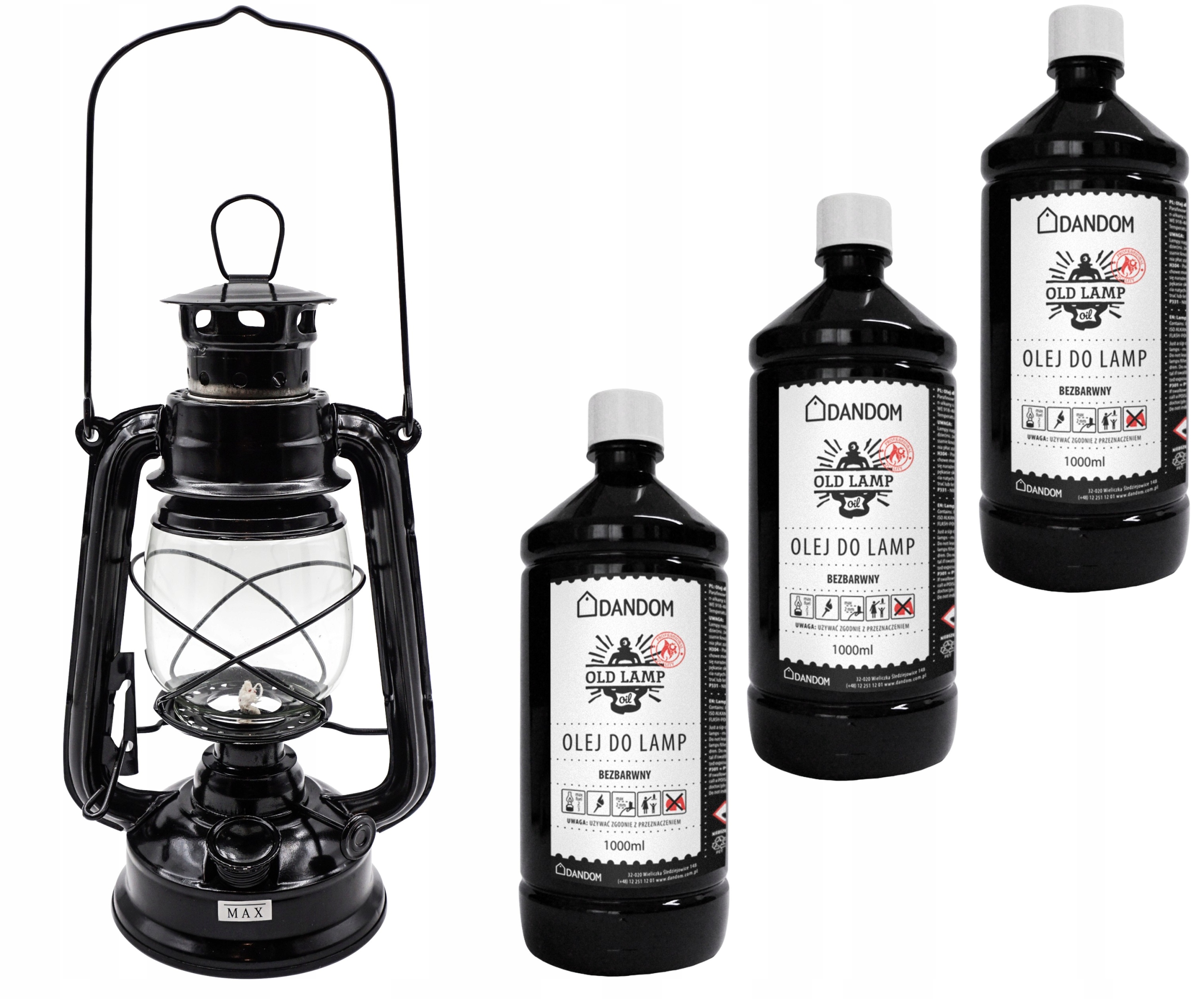 ZESTAW LAMPA NAFTOWA Z KNOTEM + 3x OLEJ 1L CZARNA