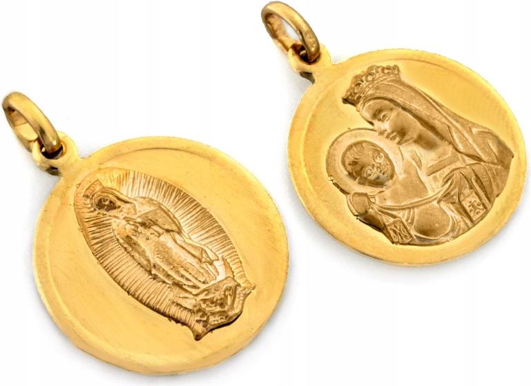 Zlatý medailon s oboustranným kolečkem 585 Matka Boží 3.48g na křtiny, přívěsek
