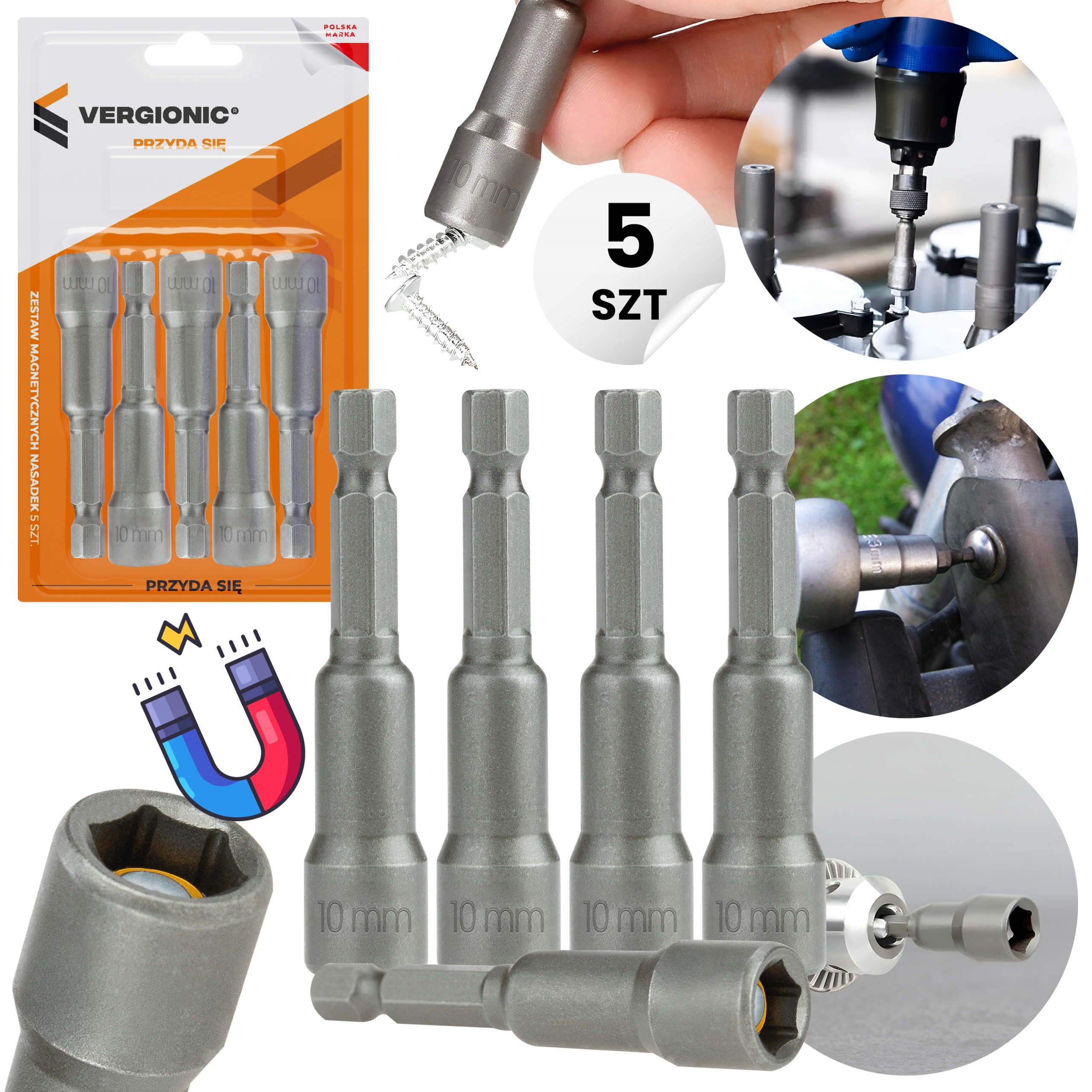 Kluczyk nasadka z magnesem do wkrętów farmer farmerskich 10mm 5 sztuk 8060