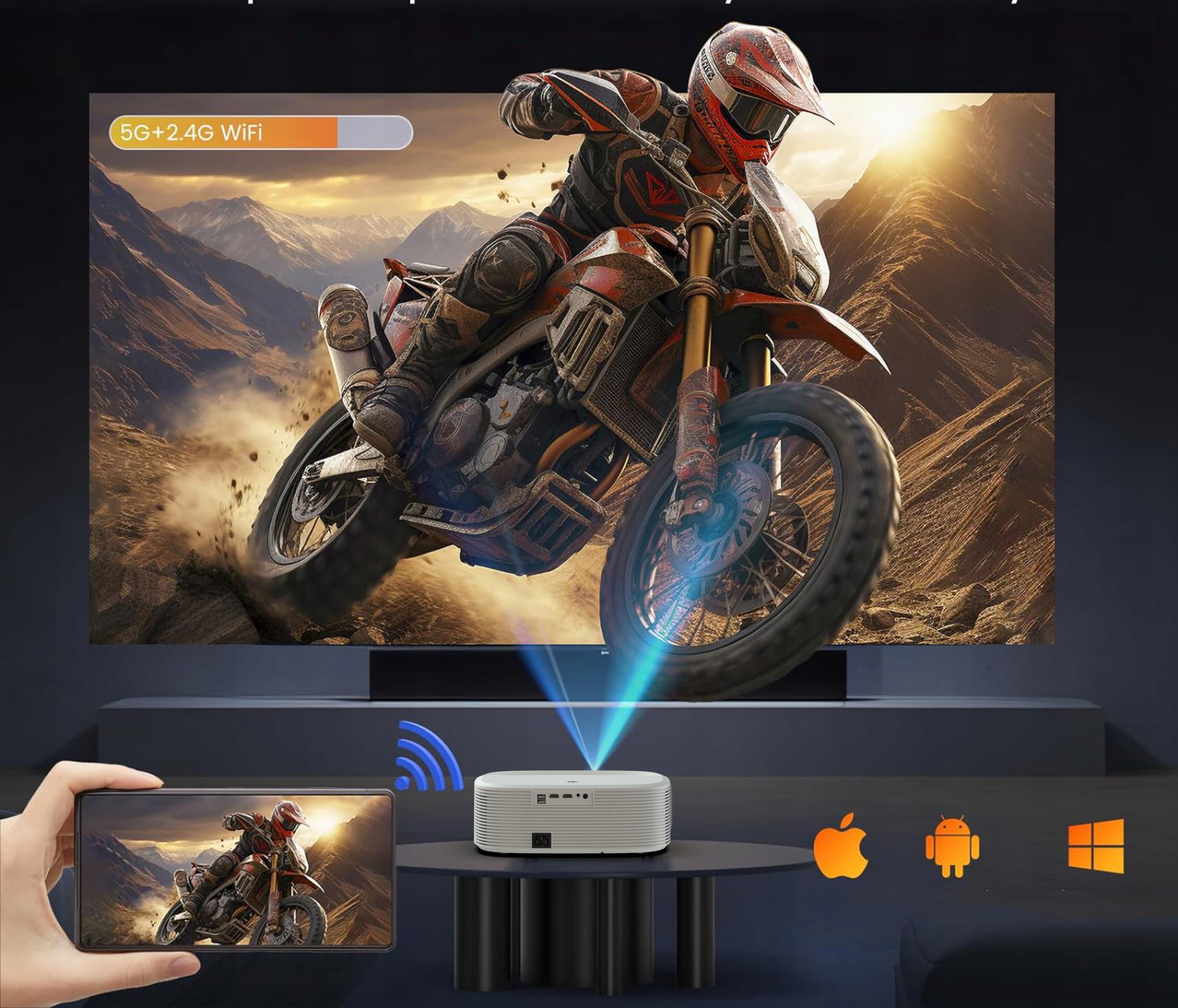 Projektor Rzutnik Full HD 4K 24000lm WiFi SMART TV MULTIMEDIALNY AutoFocus Kontrast (x:1) 5000