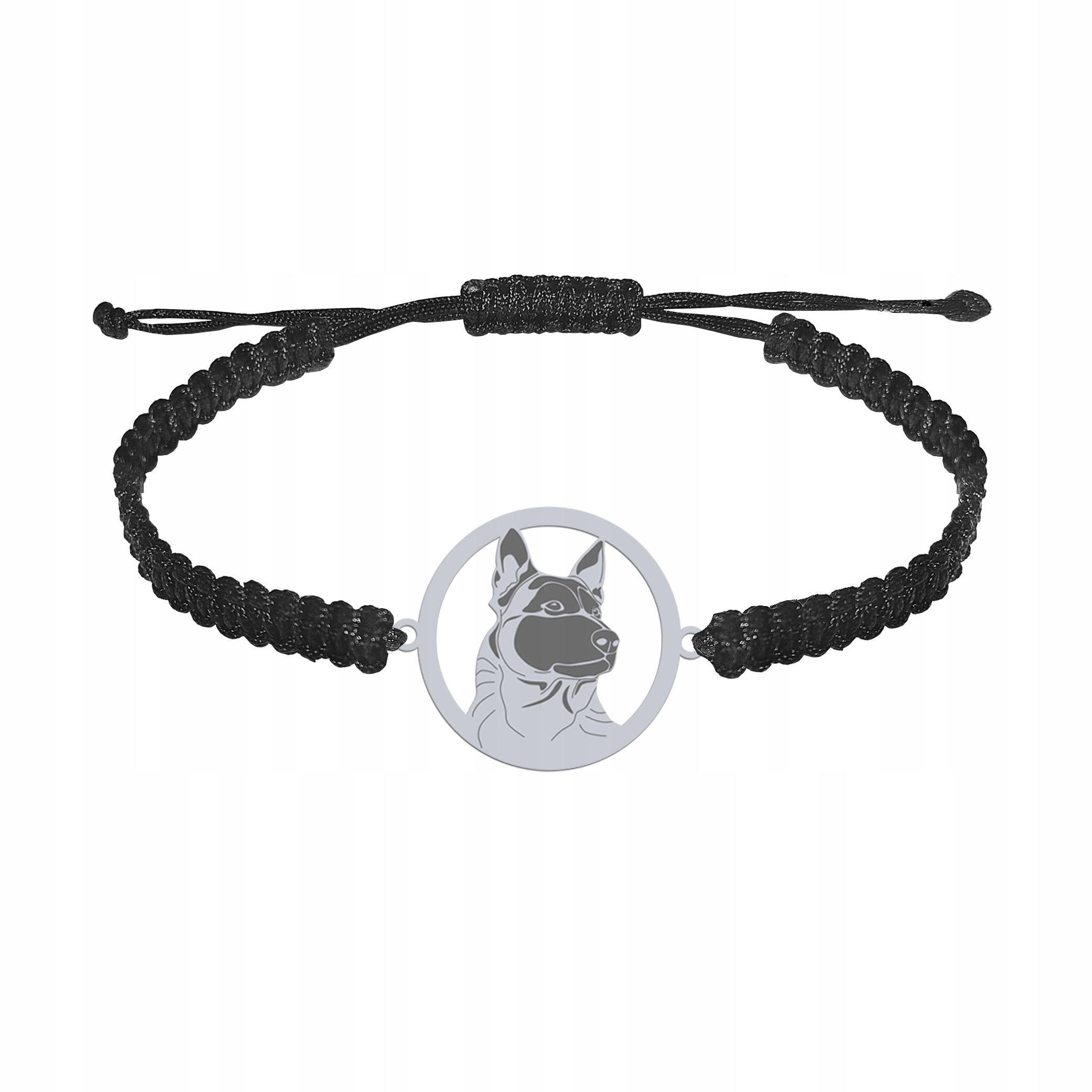 Stříbrný náramek s psem Malinois 925 Makramé Žena Dárek Gravírování
