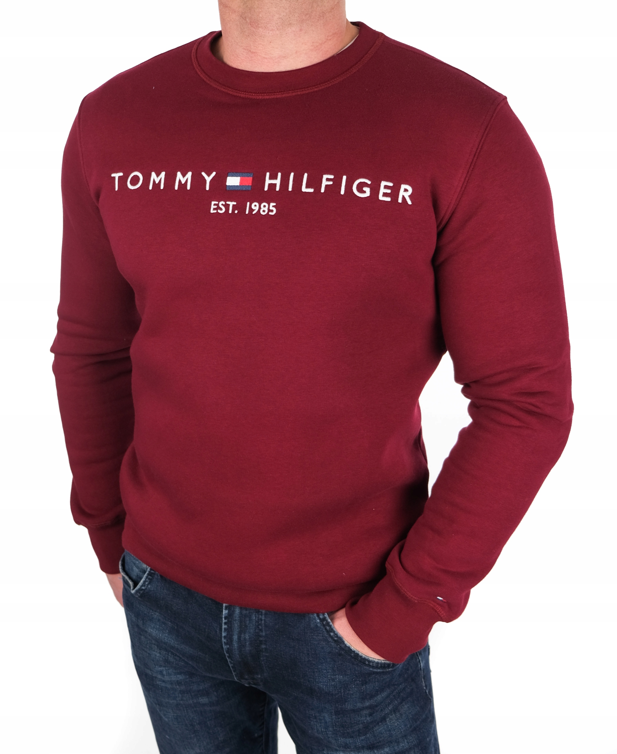 Bluza Tommy Hilfiger Klasyczna Męska Duże Haftowane Logo Bordowa Roz. M