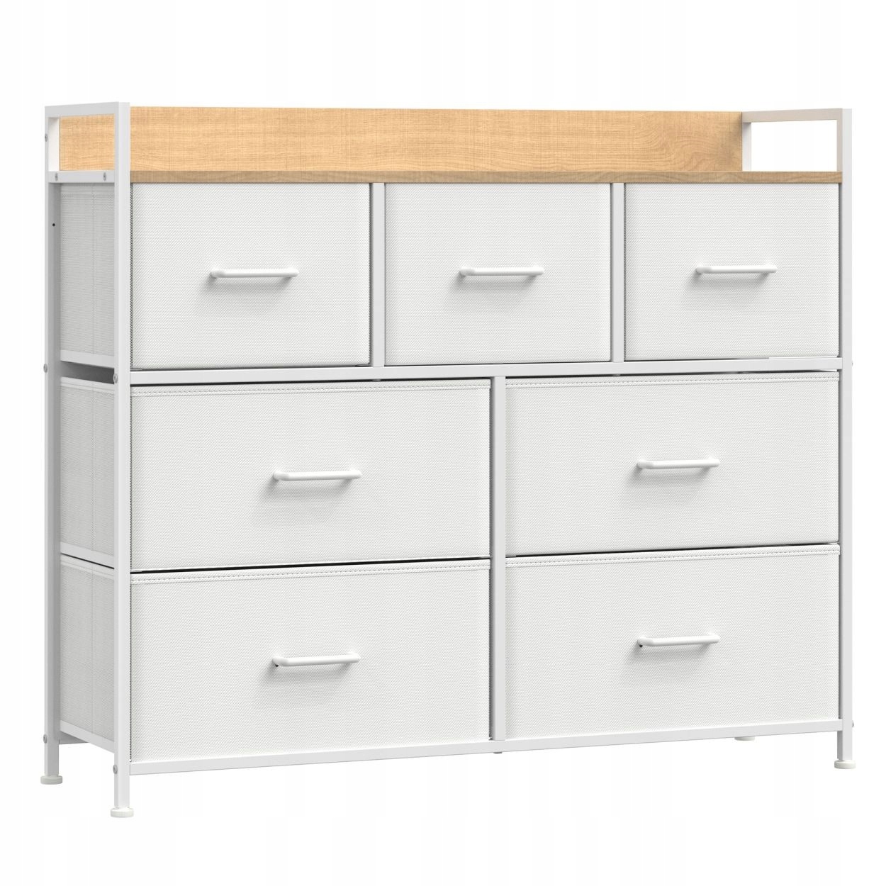 Škandinávska biela komoda so 7 látkovými zásuvkami rôznych veľkostí
