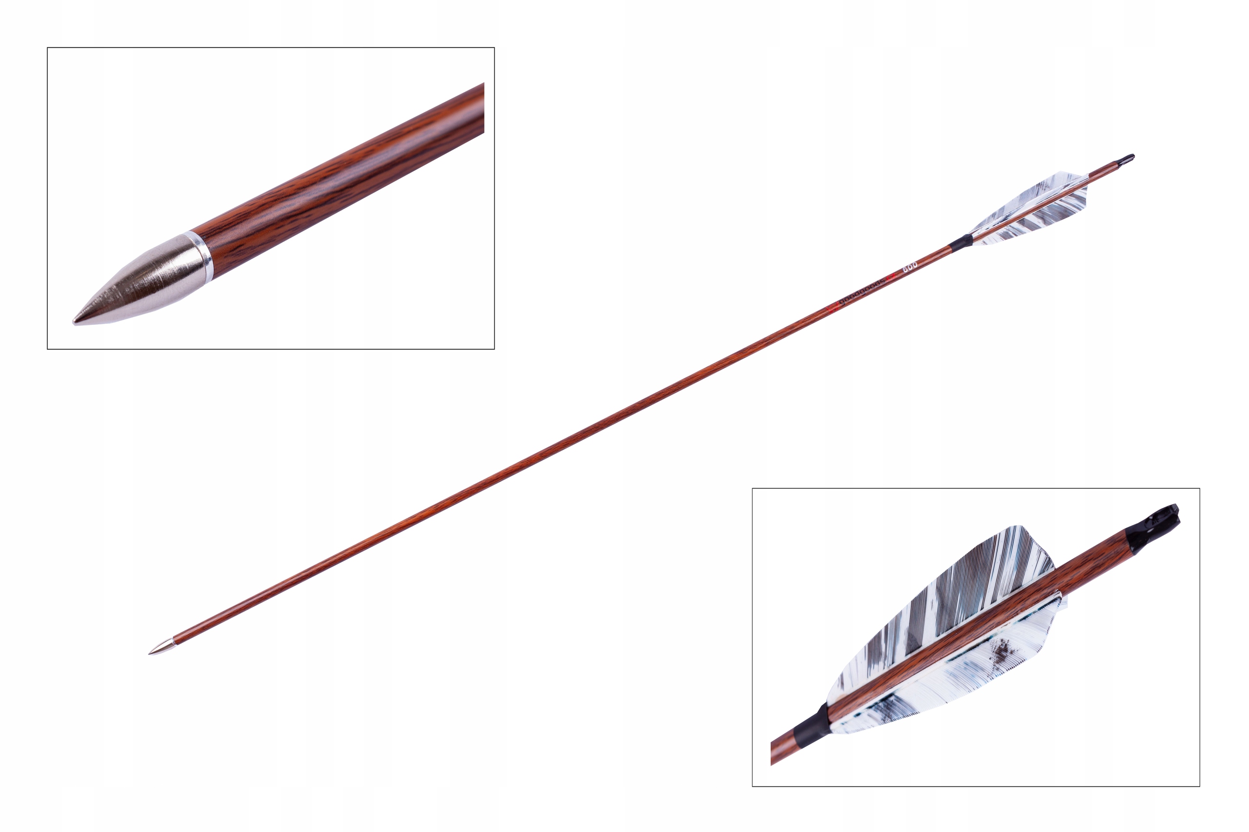 Strzała karbonowa do łuku w dekorze drewna 30" 7mm z piórami indyka biały