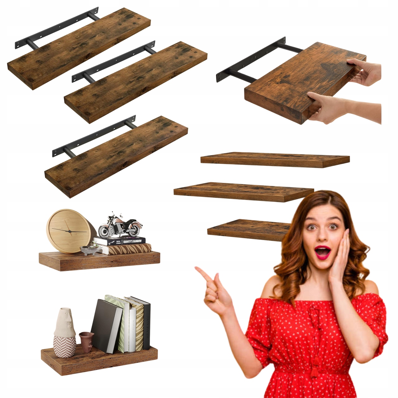 Závesná regálová polica loftová 3 ks Hnedá Závesný regál do obývačky