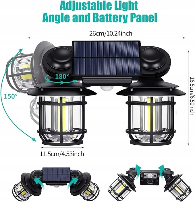 LAMPA SOLARNA LED PODWÓJNA KINKIET Z CZUJNIKIEM RUCHU DO OGRODU GARAŻU IP65 Zasilanie akumulatorowe solarne