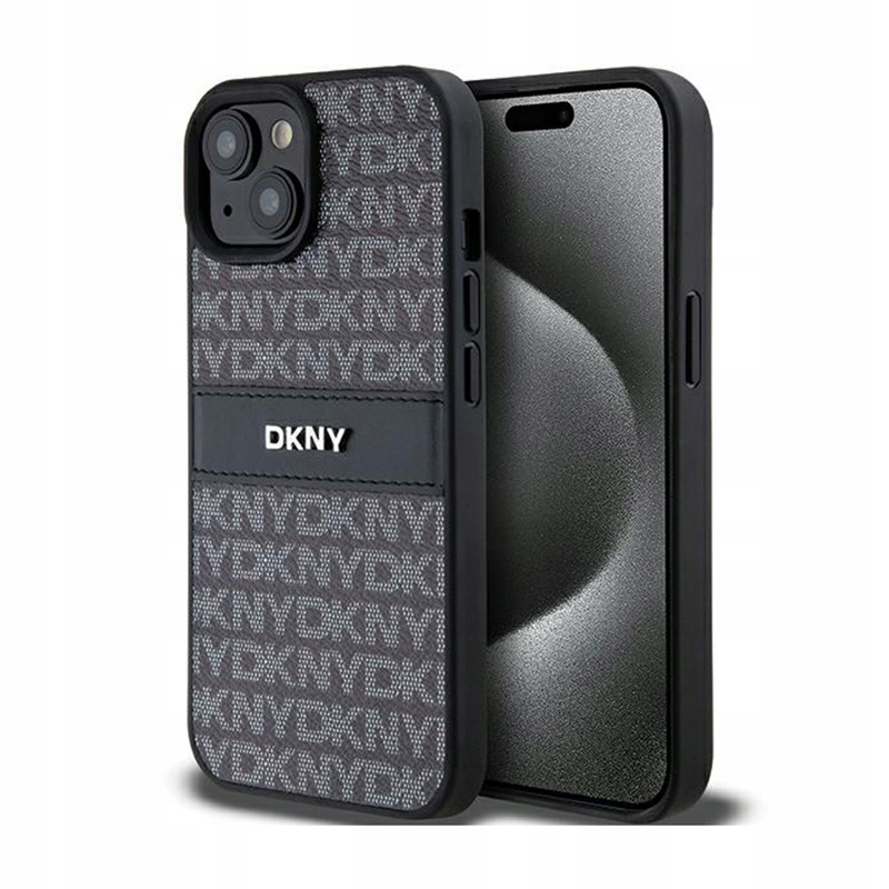 Kožený kryt Dkny s monochromatickými pruhy a kovovým Pouzdro iPhone 15 Plus 14 Plus (černý)