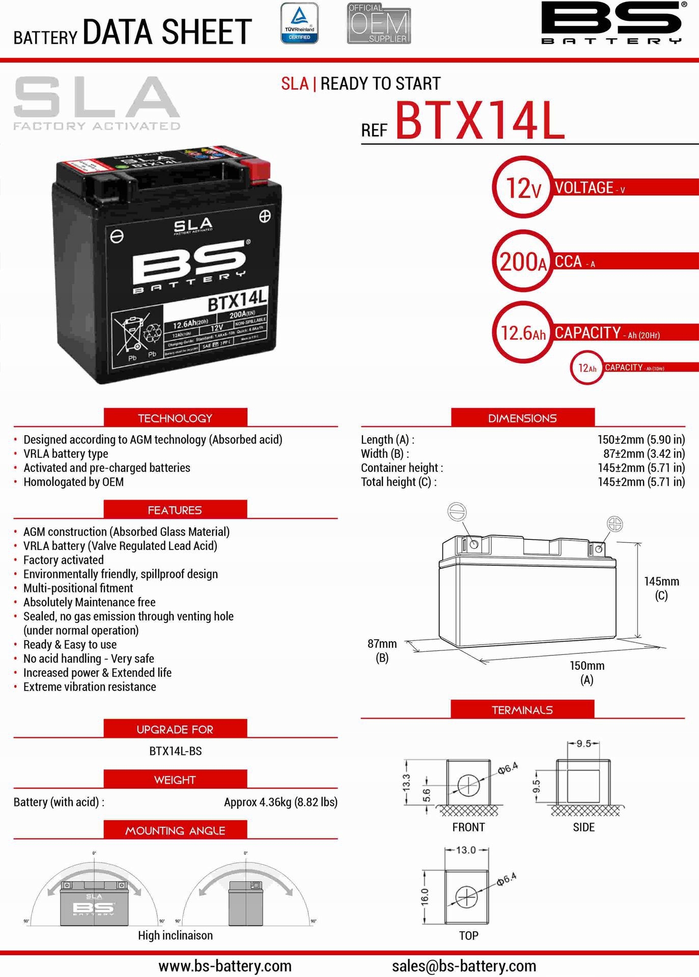 Bs Batéria BTX14L (fa) (YTX14L- Bs 12V 12AH 150X87X145 Bez Lúhu Bs Za