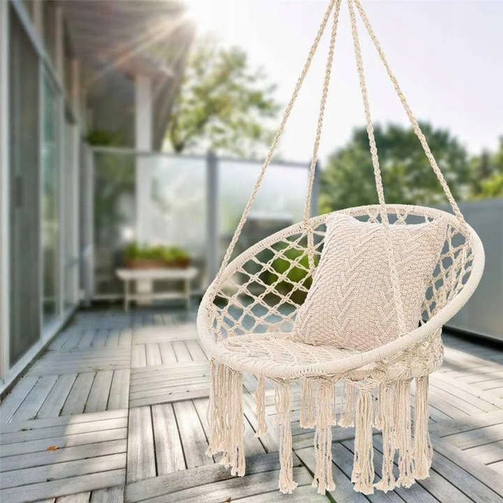 HUŚTAWKA BOCIANIE GNIAZDO Z PODUSZKĄ XXL ZESTAW OGRODOWY BEŻOWY BOHO 120CM Materiał drewno metal