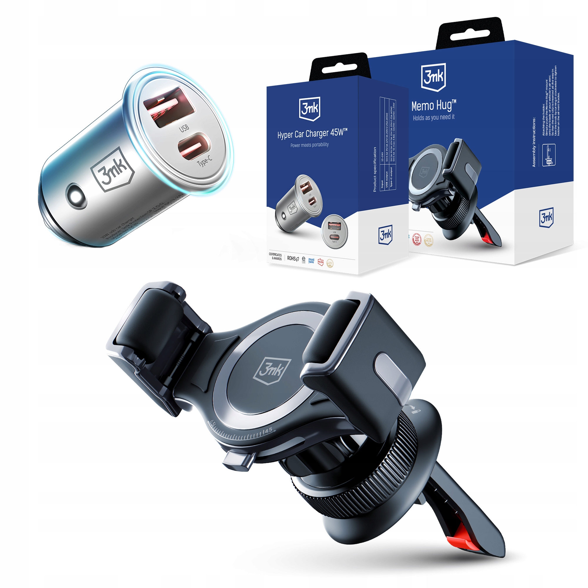 Uchwyt na kratkę nawiewu 3mk Memo Hug Ładowarka samochodowa Charger 45W