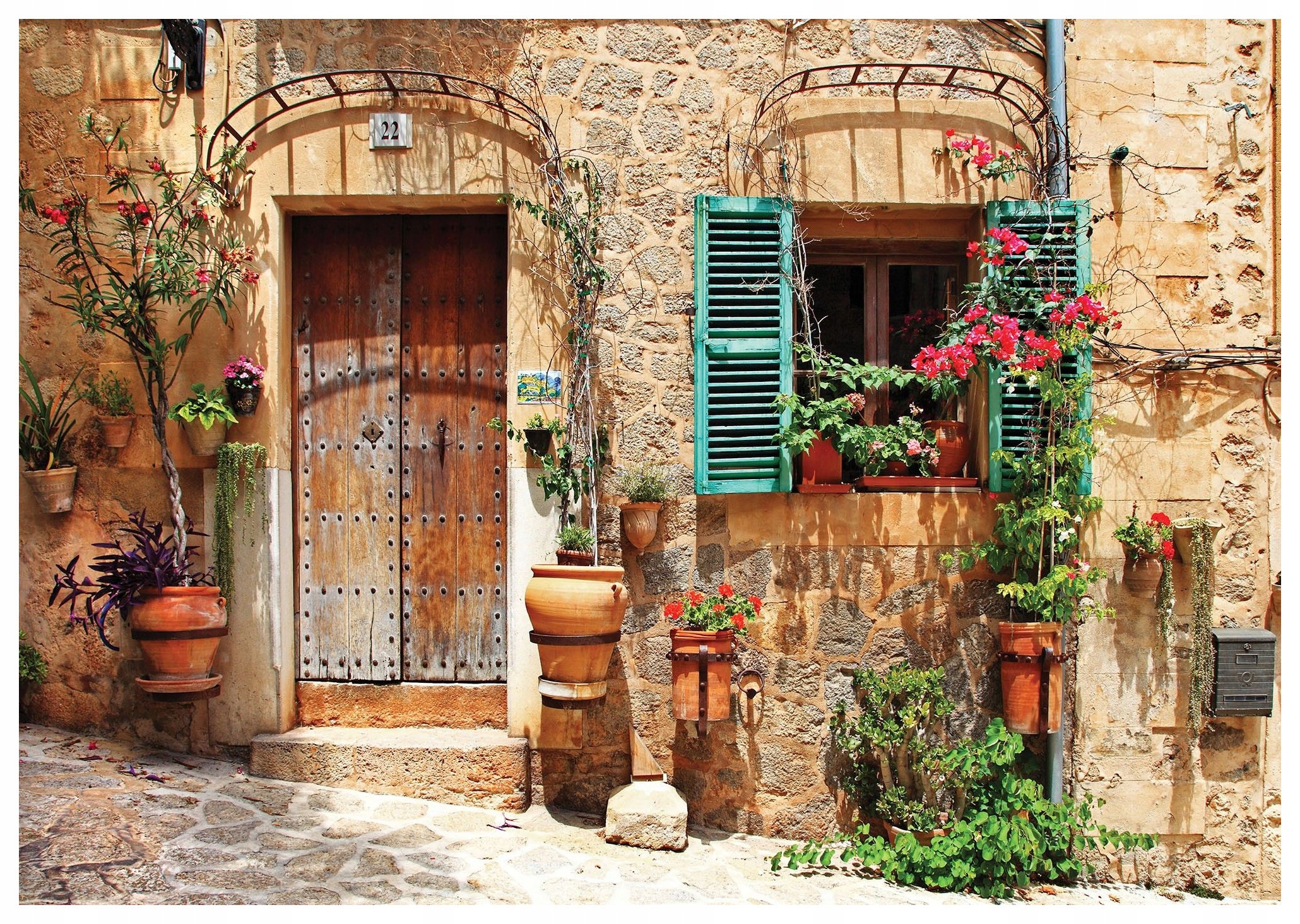 Vliesová fototapeta Kamenné nádvorie kvety Provence 300x210 lepidlo