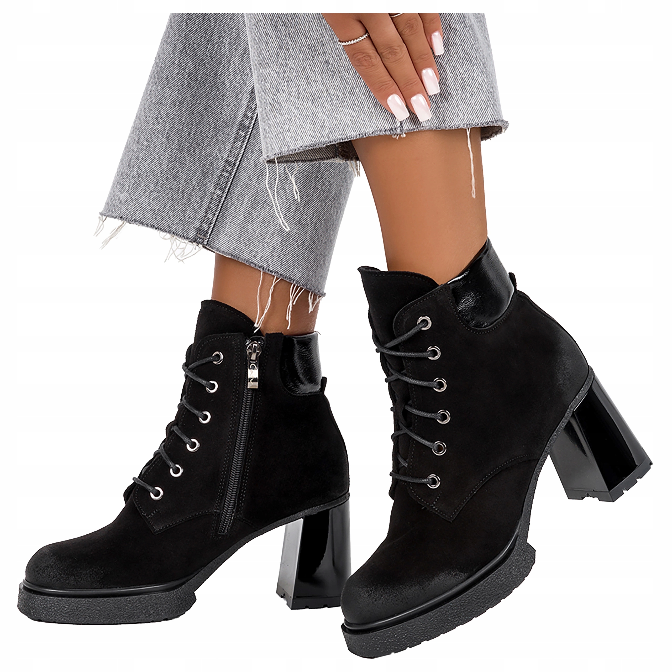 Kožené Polské Černé dámské kotníkové boty Na Podpatku Klocku Pohodlné Módní velikost 38