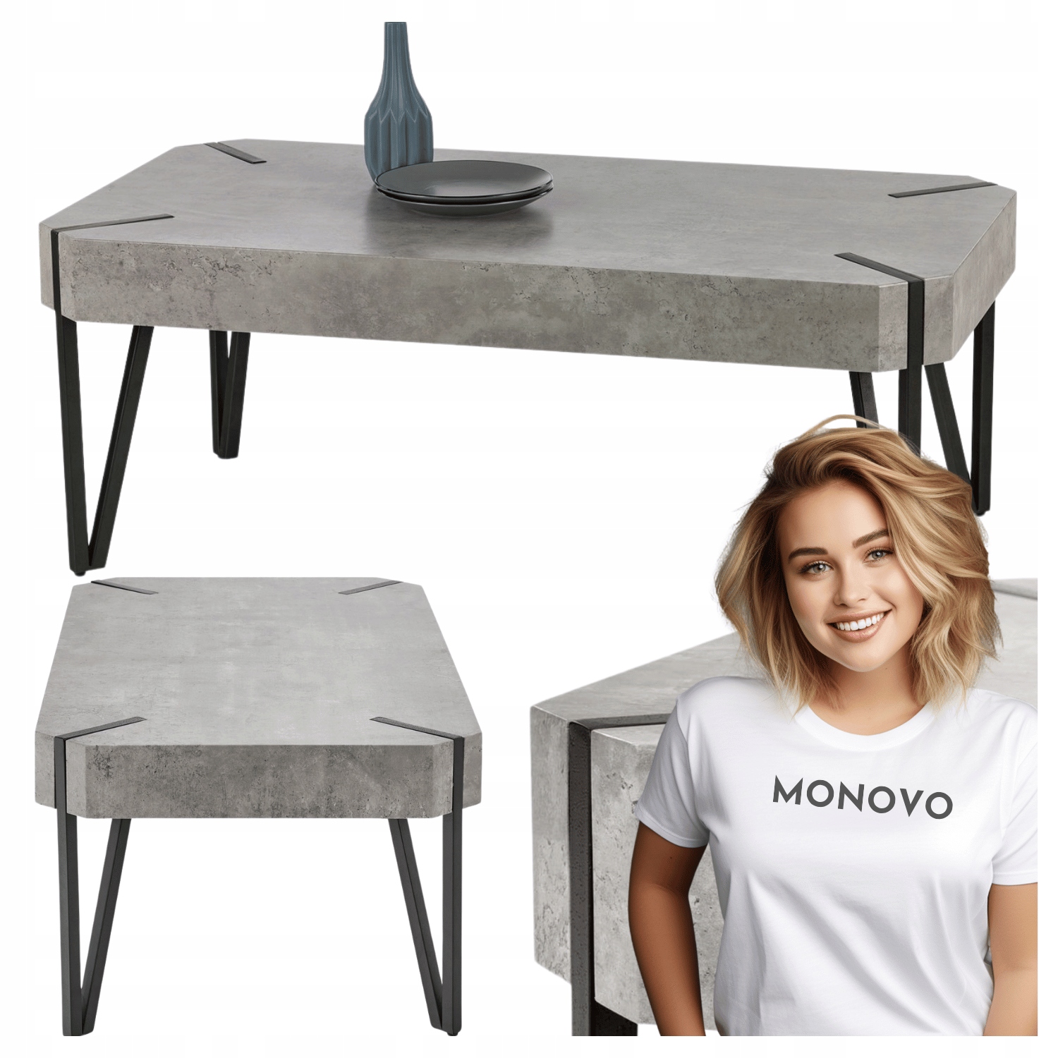 Stolik Kawowy Ława Emily Szary Beton Czarny Loft