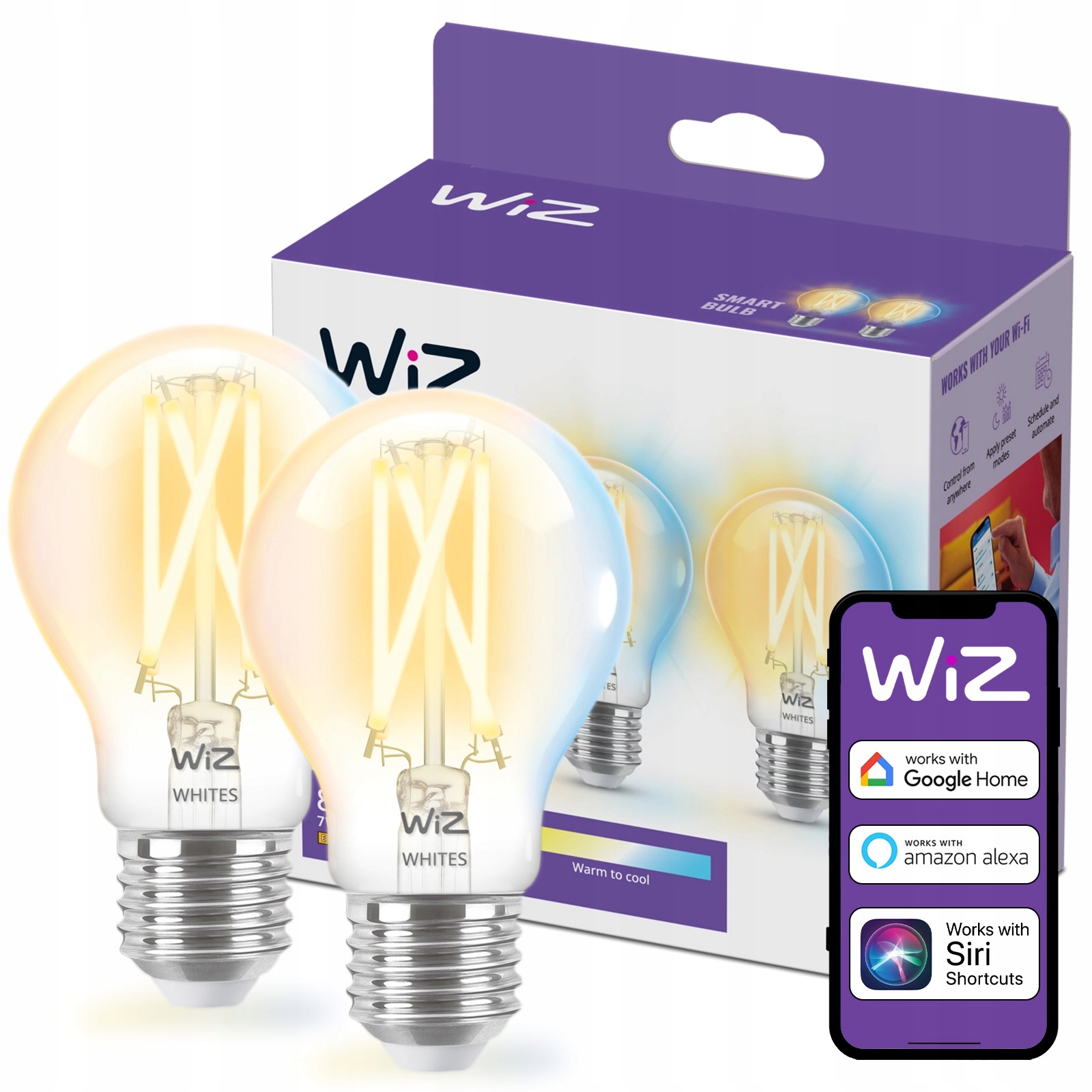 2x Led žárovka E27 7W 60W 2700-6500K Tw Filament Smart WiFi Aplikace WiZ