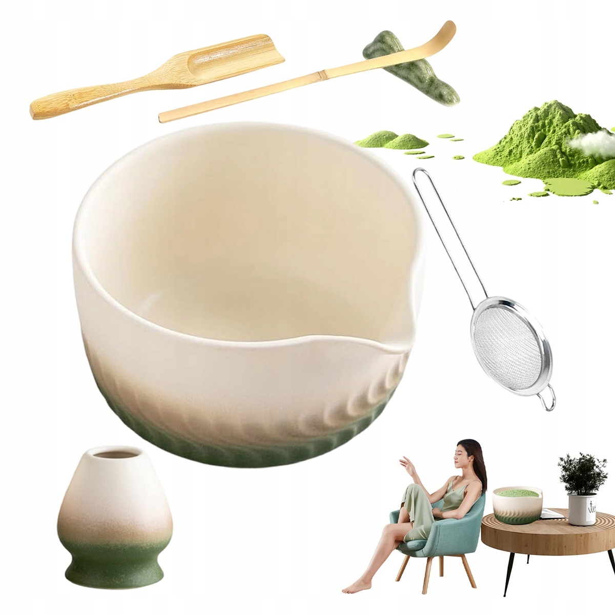 Levně 7 kusů Sada na matcha z bambusu a keramiky, zelená barva