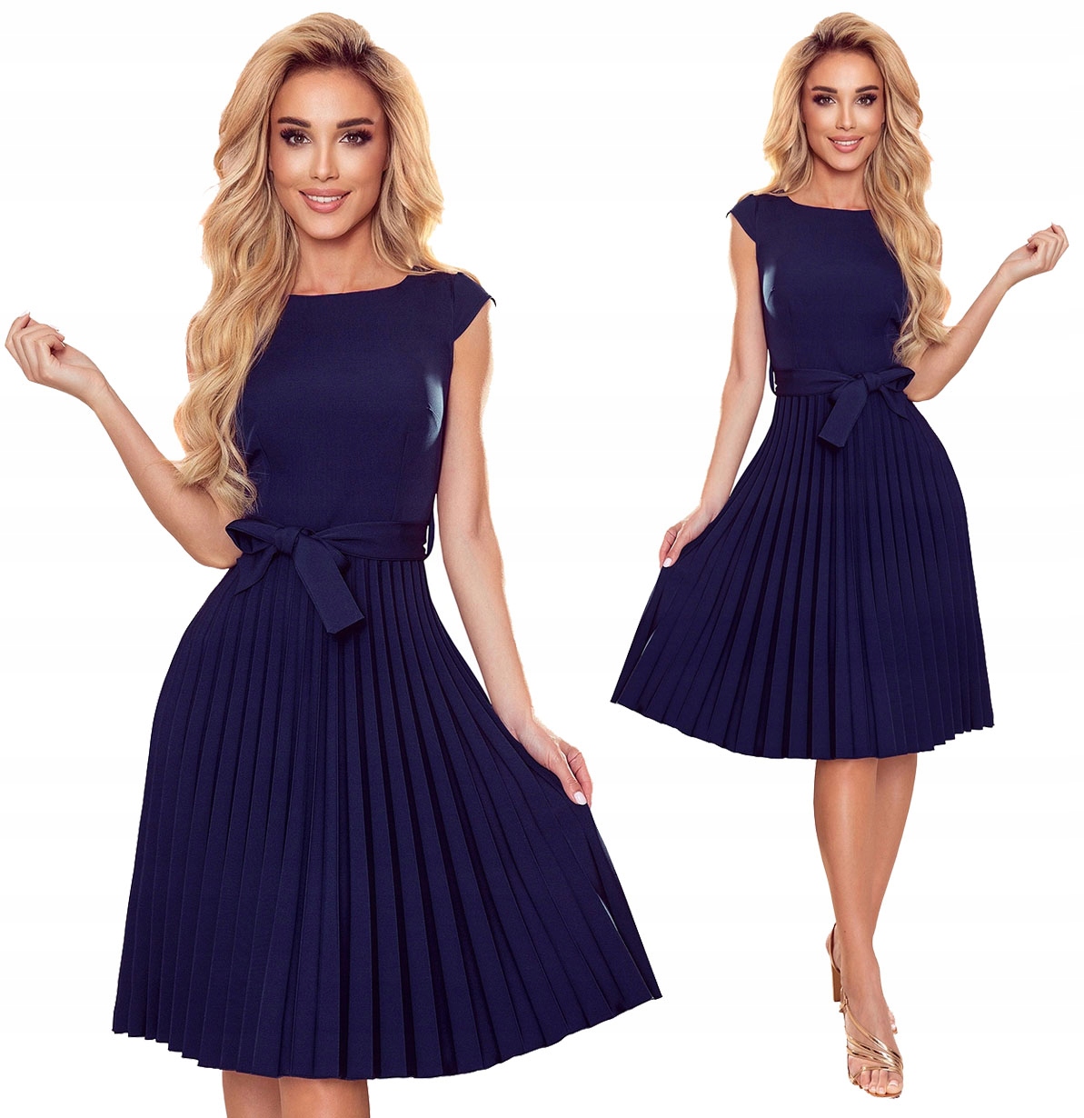 Krásné Plisované Šaty S Mašličkou V Pase, Krátký Rukáv, Modrá Barva, 2XL, V1