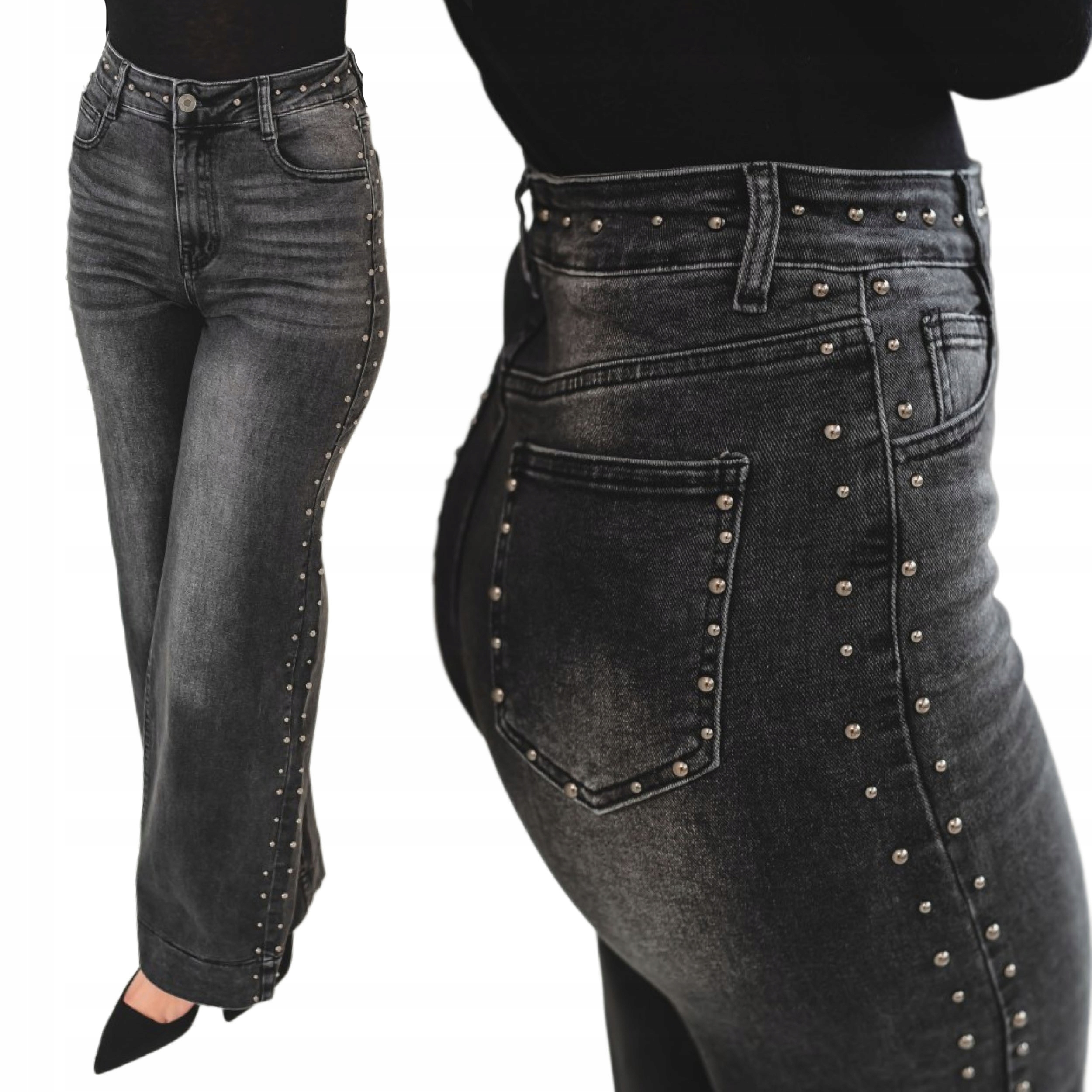 Jenasowe damskie spodnie szerokie szwedy z dżetami Wide Leg wysoki stan S