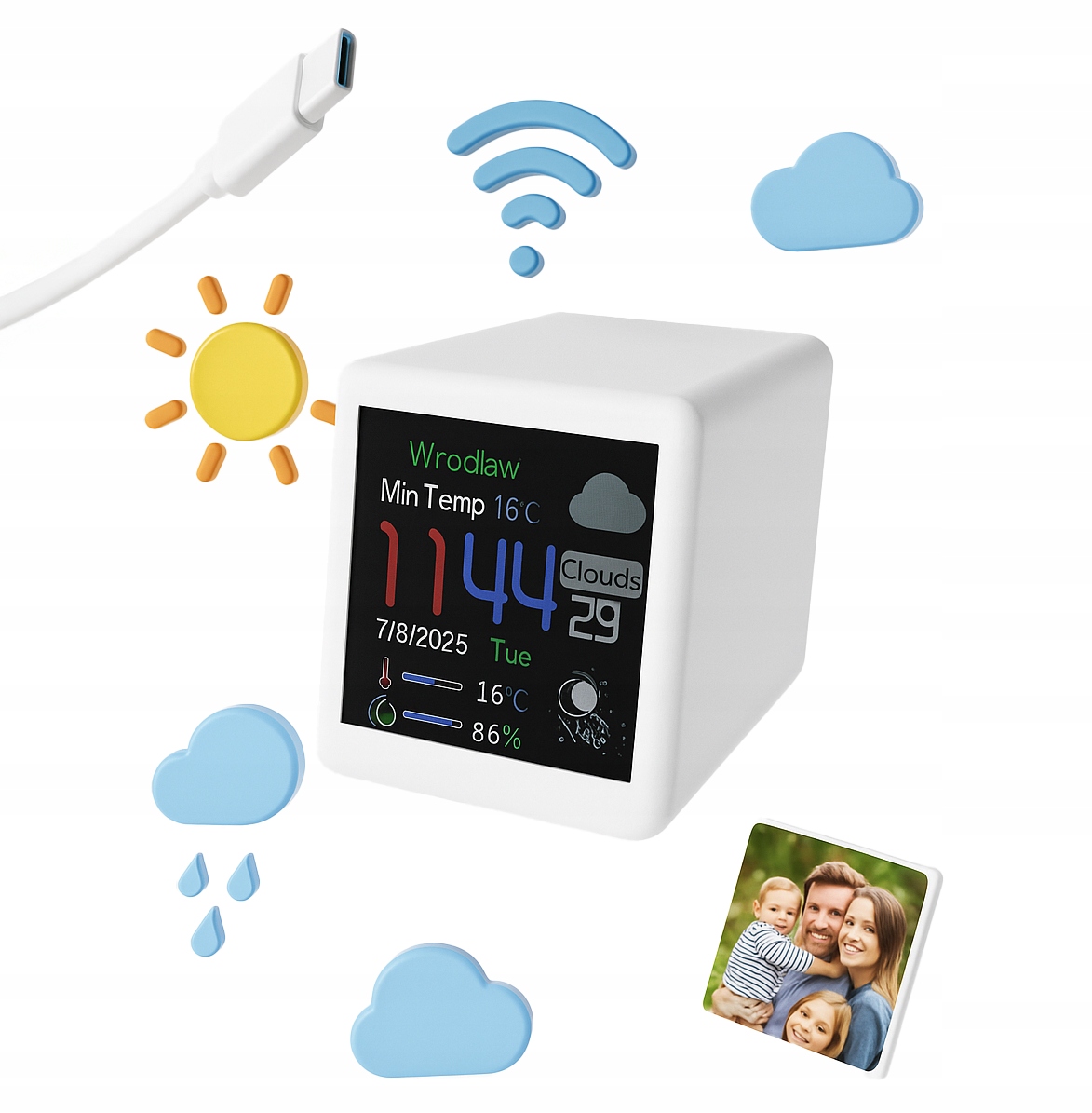 NAJMNIEJSZA STACJA POGODY WIFI ZEGAREK MIKRO FOTO RAMKA DO ZDJĘĆ USB BIURKO